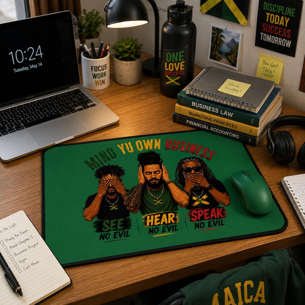 Mind Yu Own Business Mouse Mat, See Hear Speak No Evil Gaming Mouse Pad, Large Keyboard Mat, Reggae Workspace Decor., product view 10