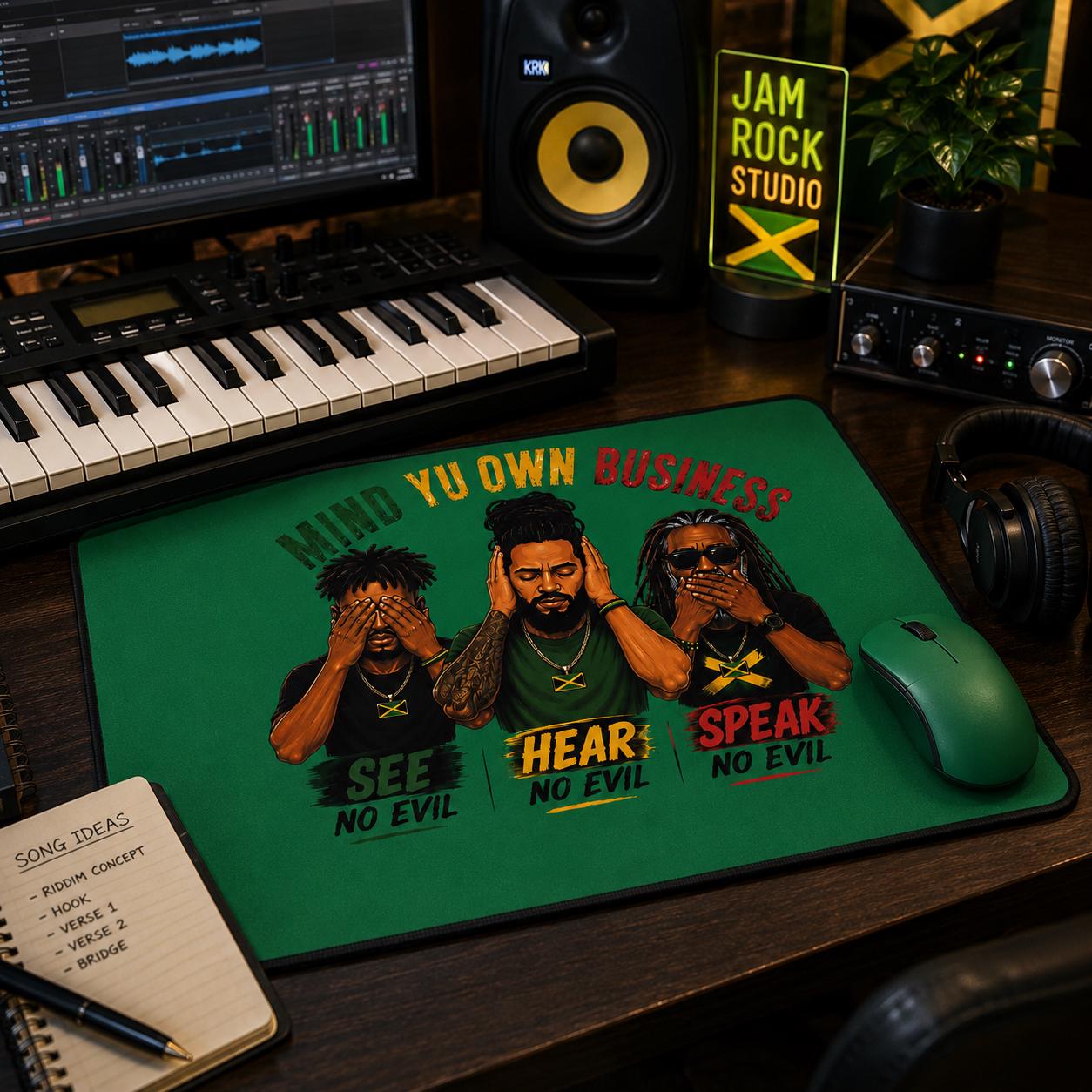 Mind Yu Own Business Mouse Mat, See Hear Speak No Evil Gaming Mouse Pad, Large Keyboard Mat, Reggae Workspace Decor., product view 11