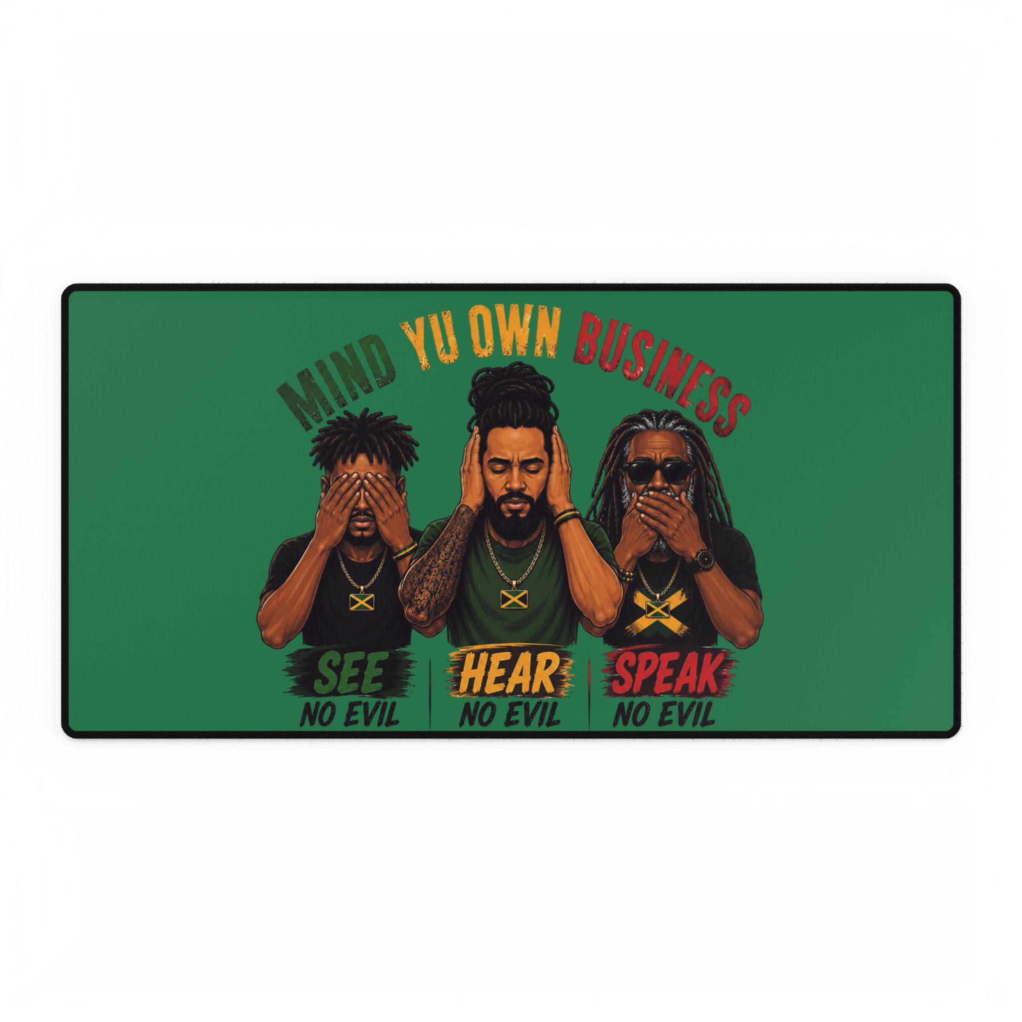 Mind Yu Own Business Mouse Mat, See Hear Speak No Evil Gaming Mouse Pad, Large Keyboard Mat, Reggae Workspace Decor., product view 12
