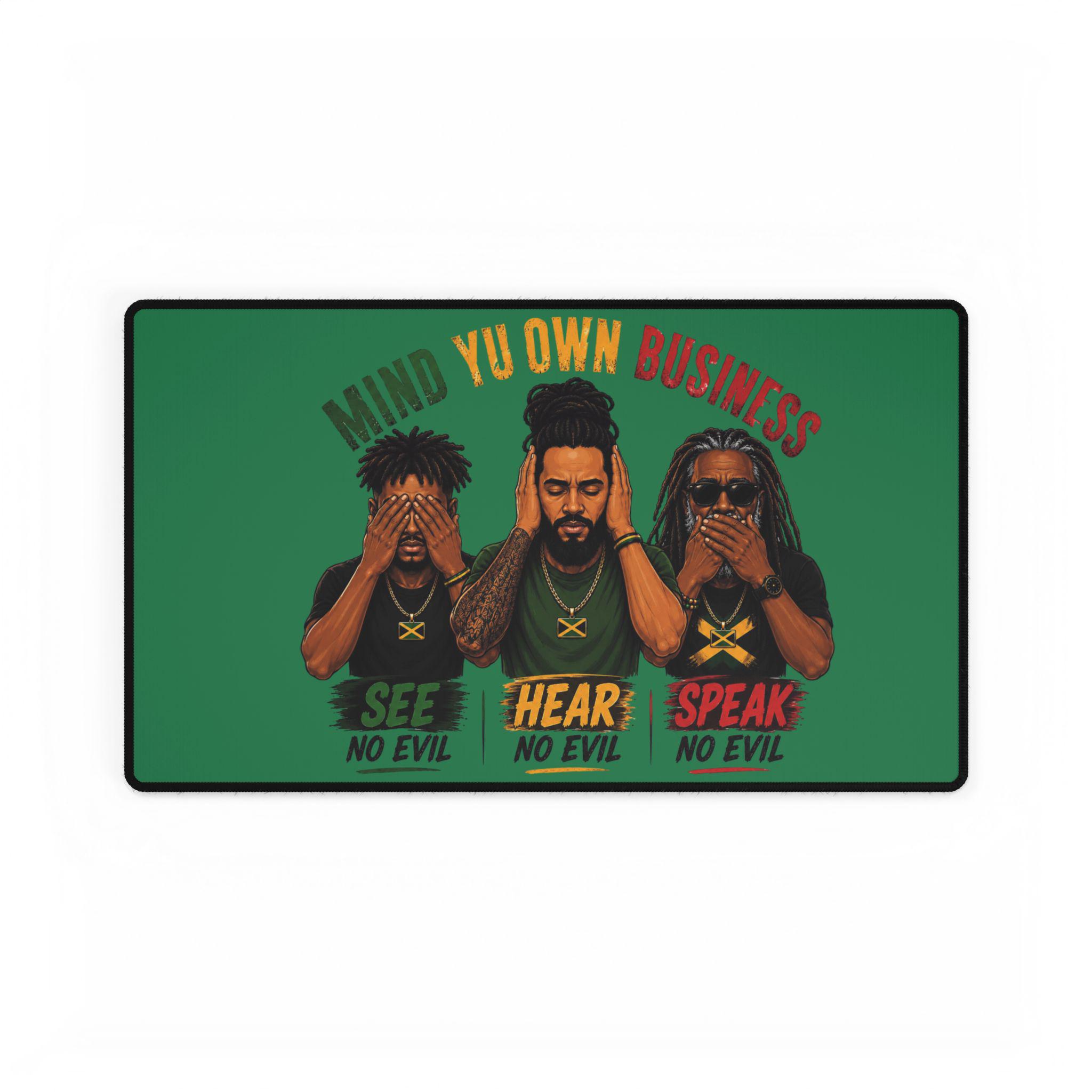Mind Yu Own Business Mouse Mat, See Hear Speak No Evil Gaming Mouse Pad, Large Keyboard Mat, Reggae Workspace Decor., product view 13