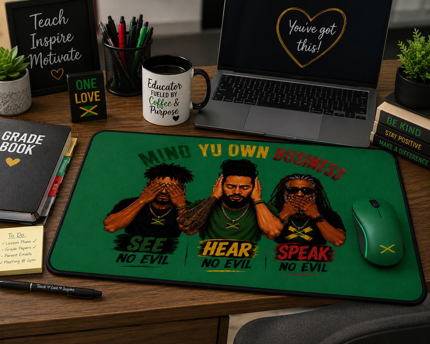 Mind Yu Own Business Mouse Mat, See Hear Speak No Evil Gaming Mouse Pad, Large Keyboard Mat, Reggae Workspace Decor., product view 15