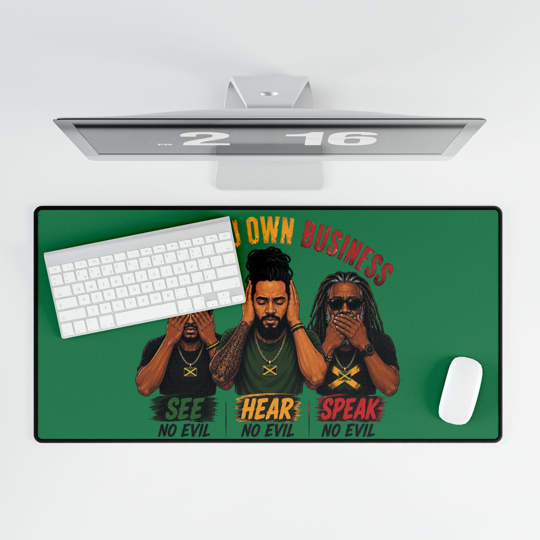 Mind Yu Own Business Mouse Mat, See Hear Speak No Evil Gaming Mouse Pad, Large Keyboard Mat, Reggae Workspace Decor., product view 16