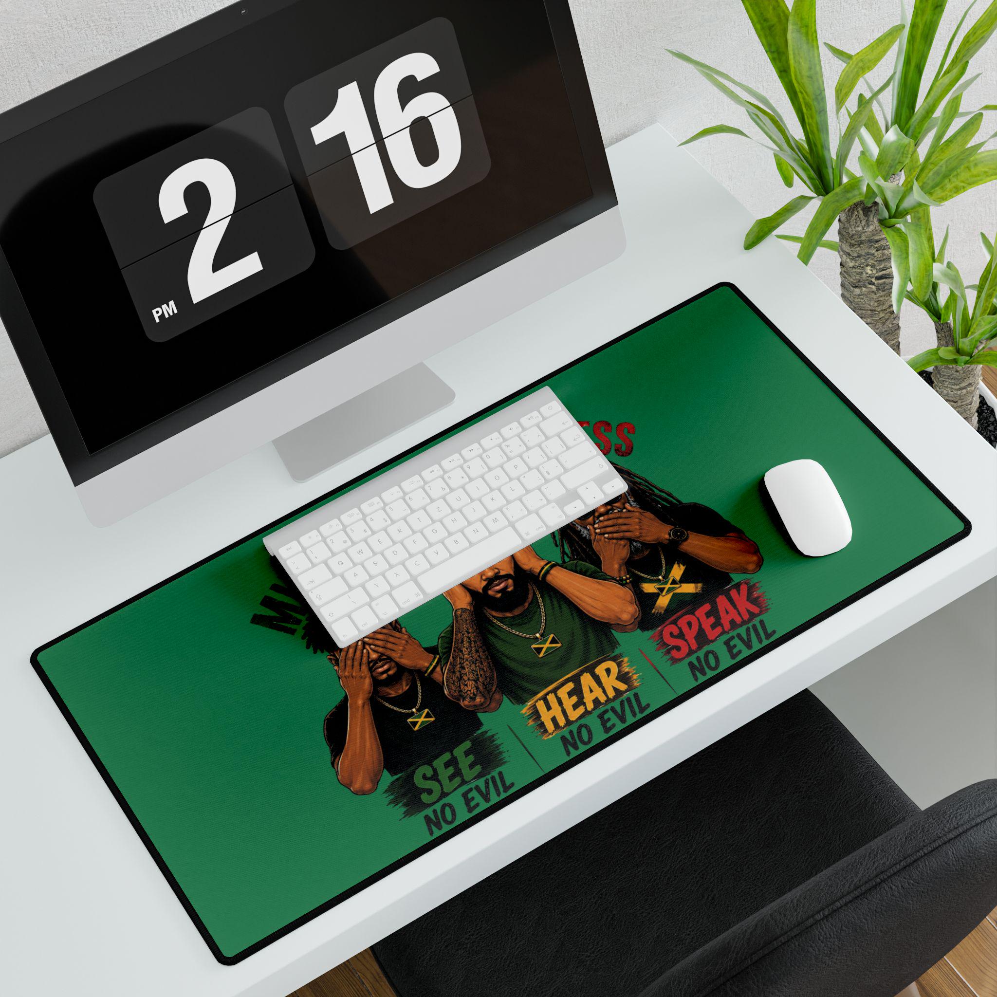 Mind Yu Own Business Mouse Mat, See Hear Speak No Evil Gaming Mouse Pad, Large Keyboard Mat, Reggae Workspace Decor., product view 17