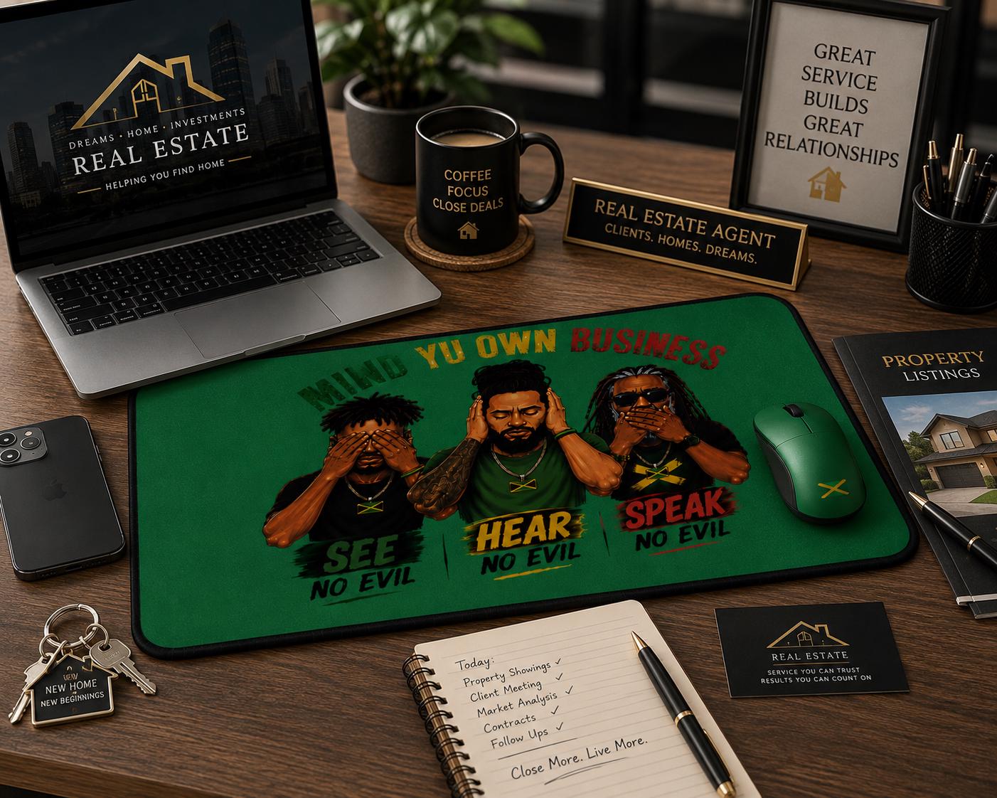 Mind Yu Own Business Mouse Mat, See Hear Speak No Evil Gaming Mouse Pad, Large Keyboard Mat, Reggae Workspace Decor., product view 18