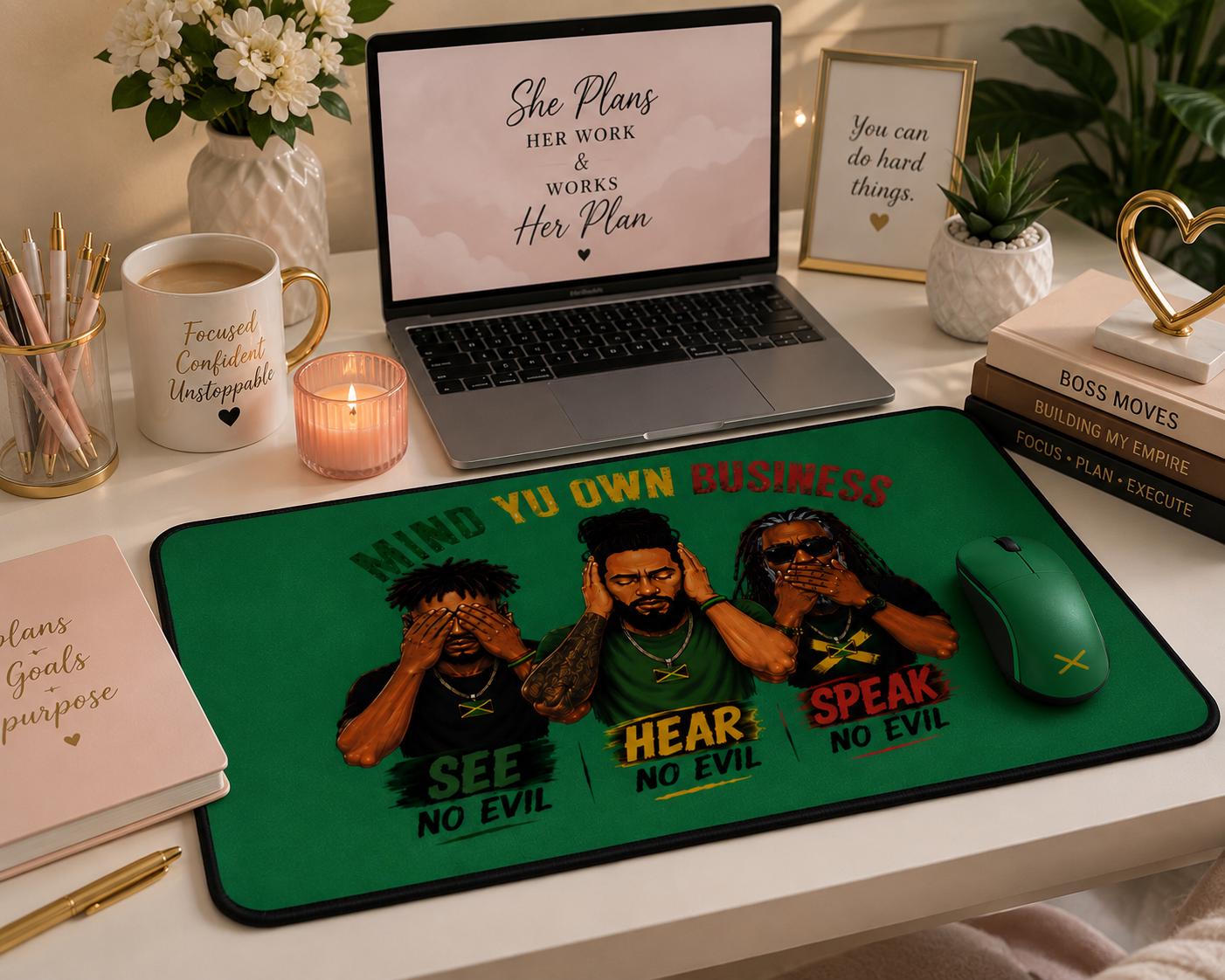Mind Yu Own Business Mouse Mat, See Hear Speak No Evil Gaming Mouse Pad, Large Keyboard Mat, Reggae Workspace Decor., product view 19