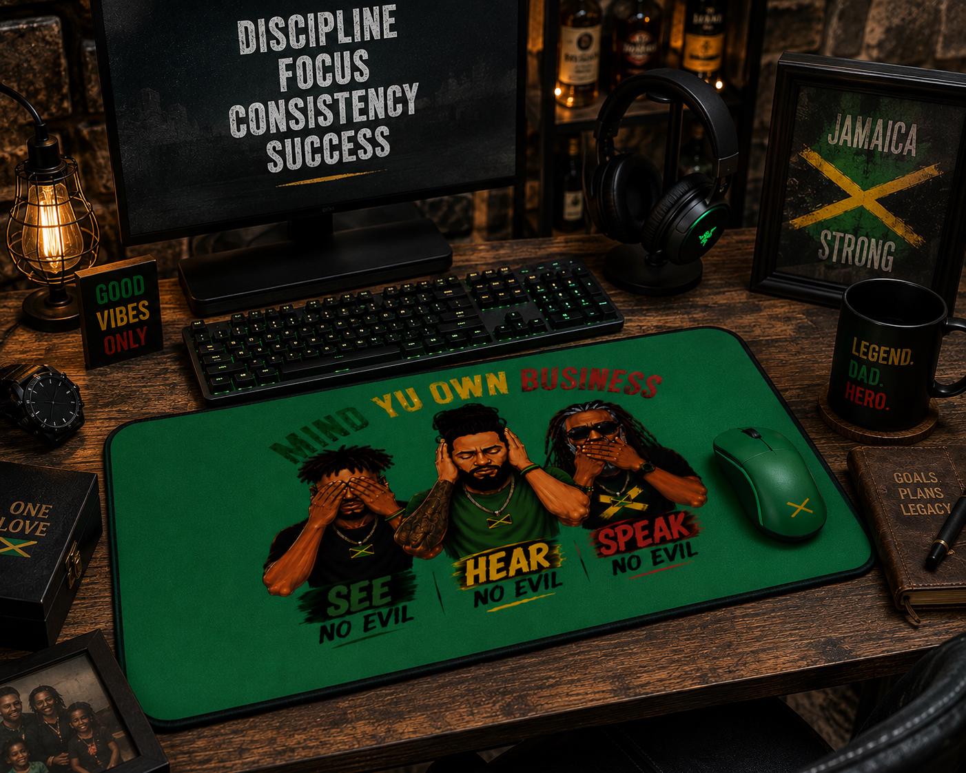 Mind Yu Own Business Mouse Mat, See Hear Speak No Evil Gaming Mouse Pad, Large Keyboard Mat, Reggae Workspace Decor., product view 20