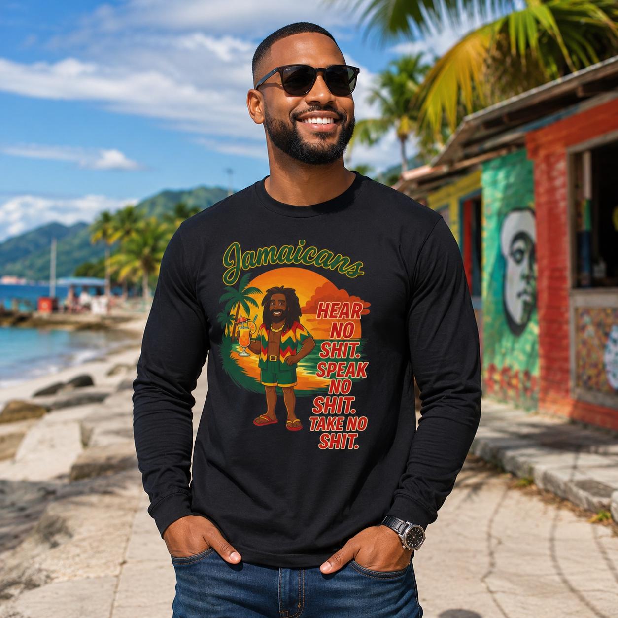 Jamaican Rasta Long Sleeve Shirt: Hear No Evil Speak Evil Graphic Tee, product view 2