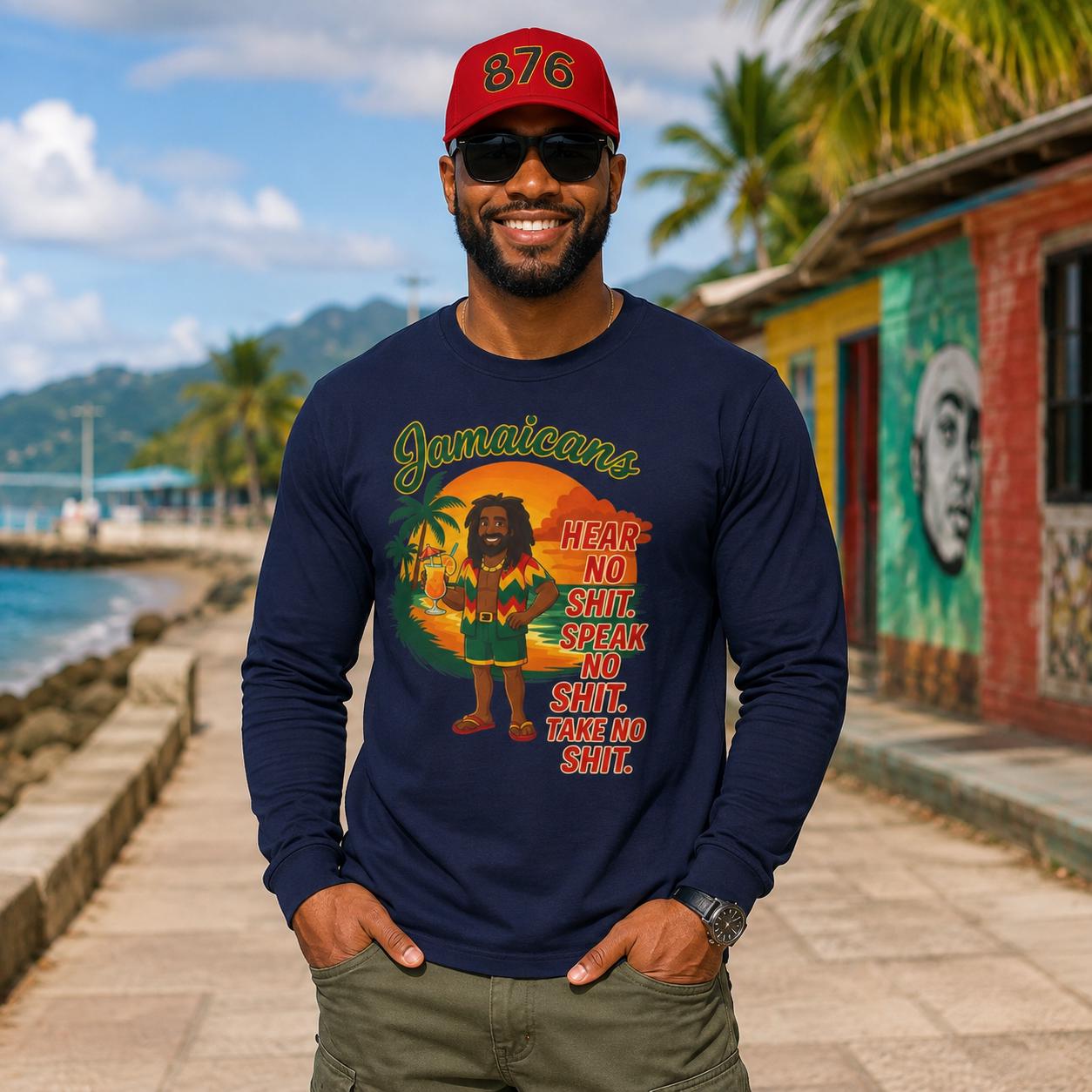 Jamaican Rasta Long Sleeve Shirt: Hear No Evil Speak Evil Graphic Tee, product view 6