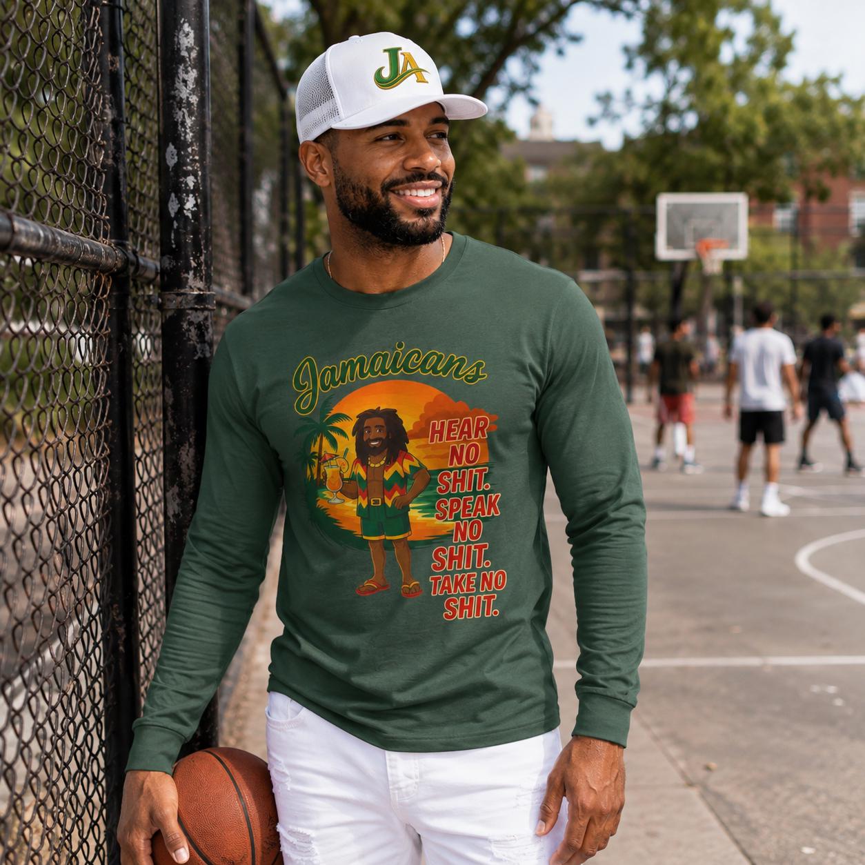 Jamaican Rasta Long Sleeve Shirt: Hear No Evil Speak Evil Graphic Tee, product view 7