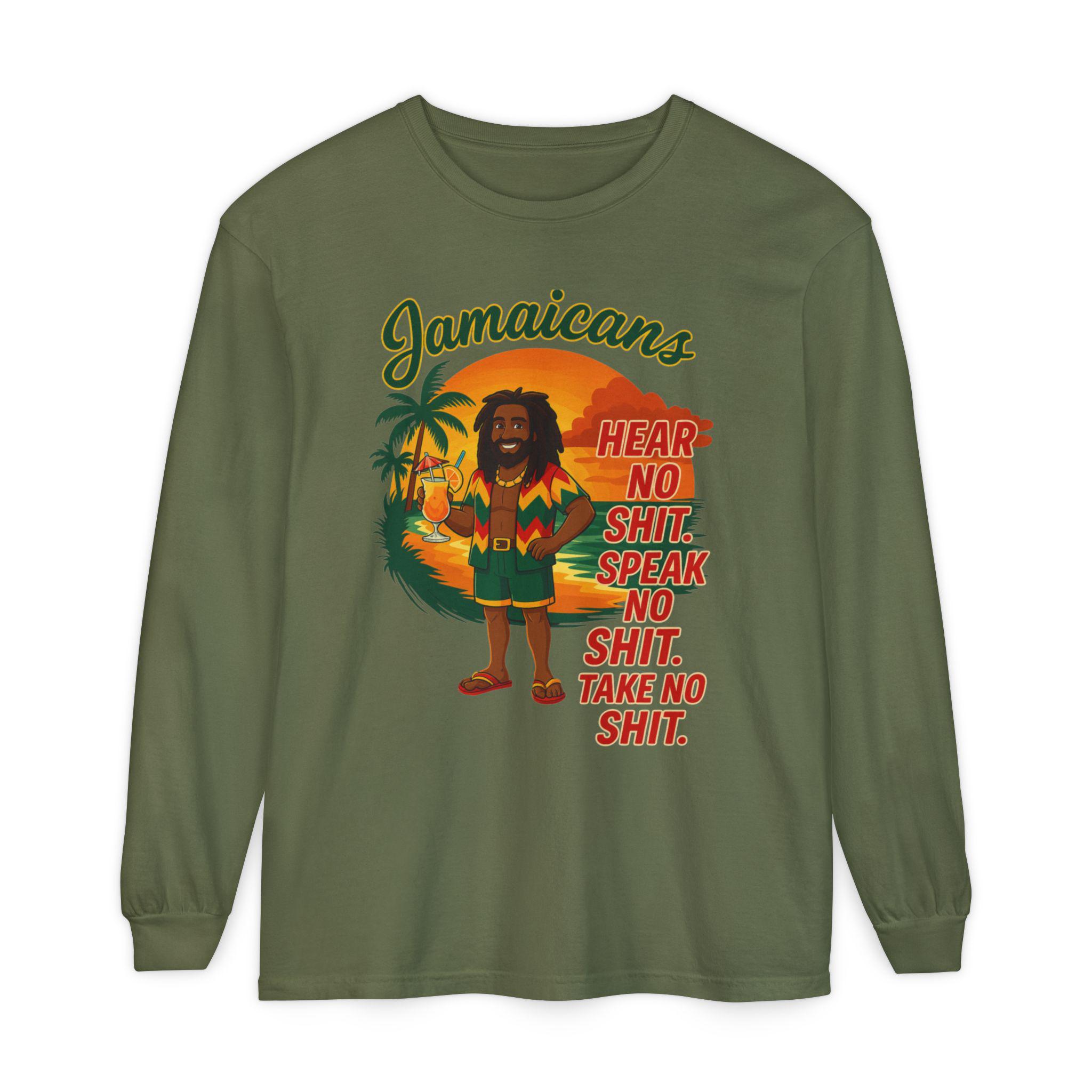 Jamaican Rasta Long Sleeve Shirt: Hear No Evil Speak Evil Graphic Tee, product view 10