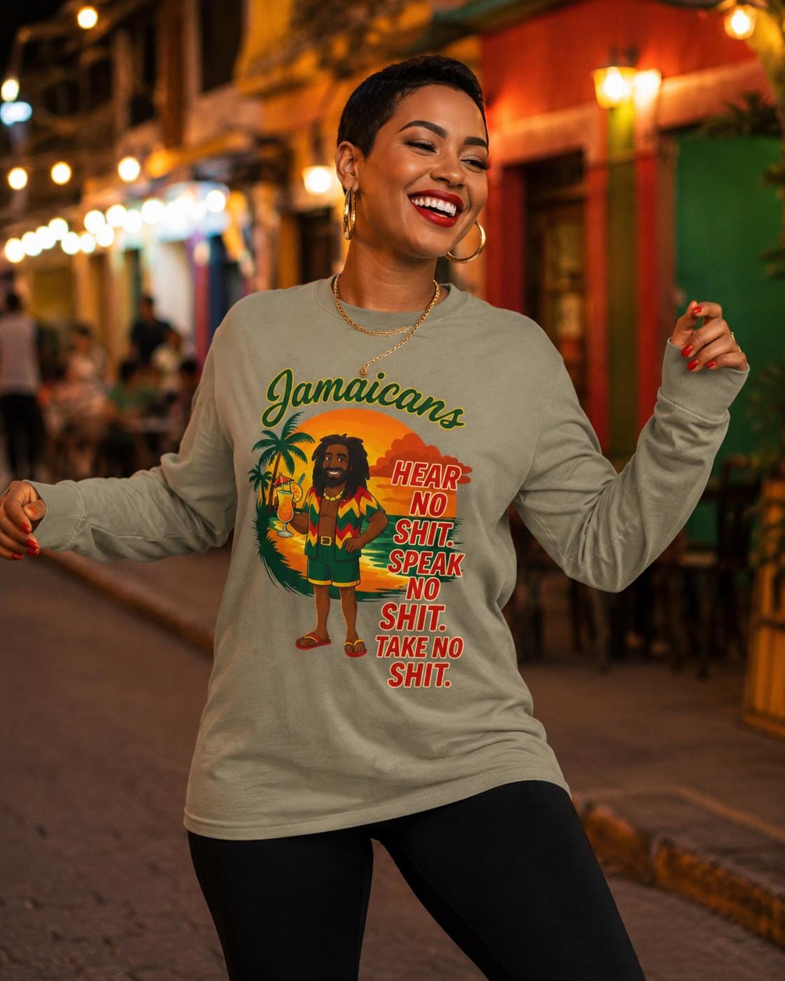Jamaican Rasta Long Sleeve Shirt: Hear No Evil Speak Evil Graphic Tee, product view 14