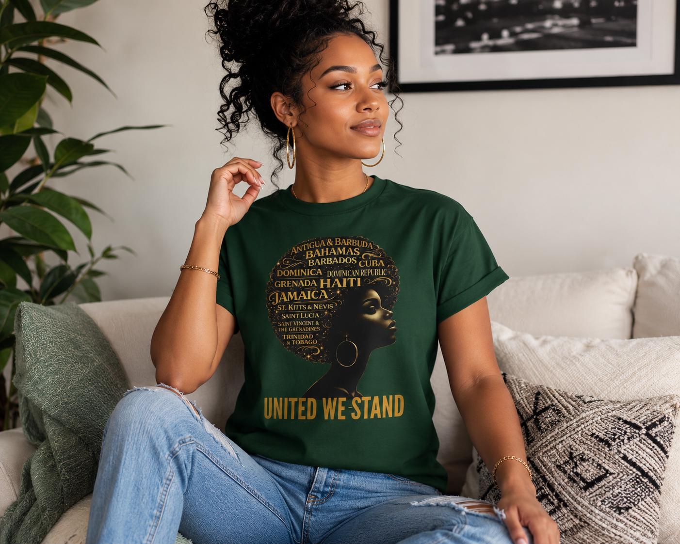 Caribbean Island Queen Afro Shirt: United We Stand Black Woman Pride Tee, product view 3