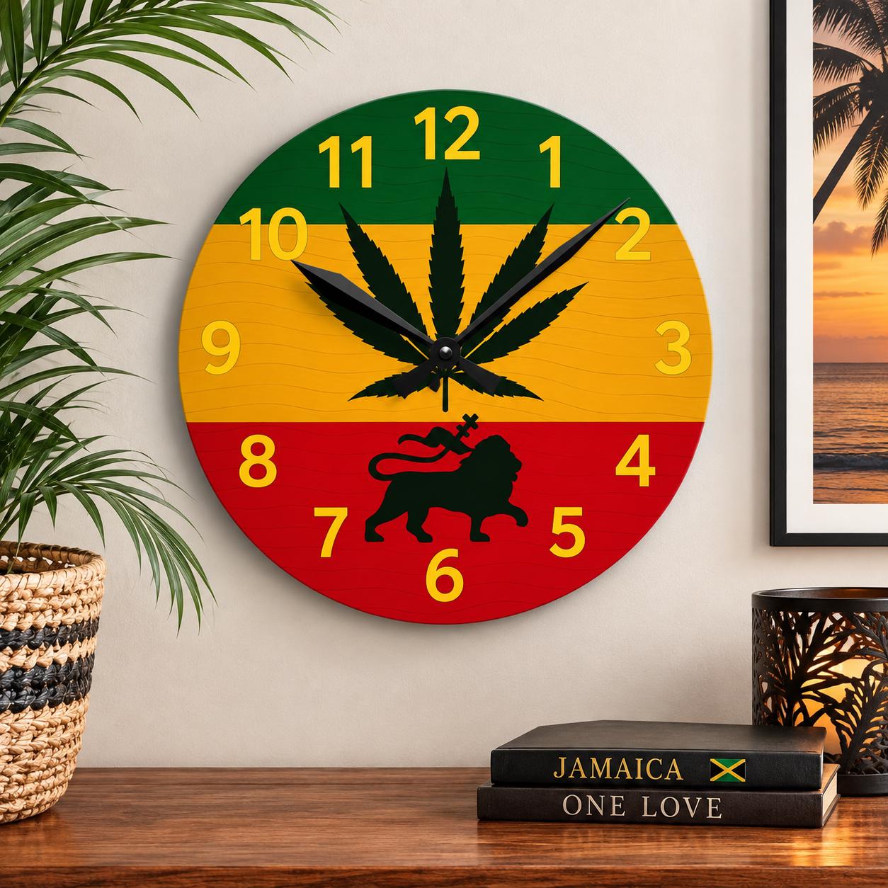 Jamaica Rasta Lion Acrylic Wall Clock. Reggae Music Decor, Square Acrylic Home Accent.