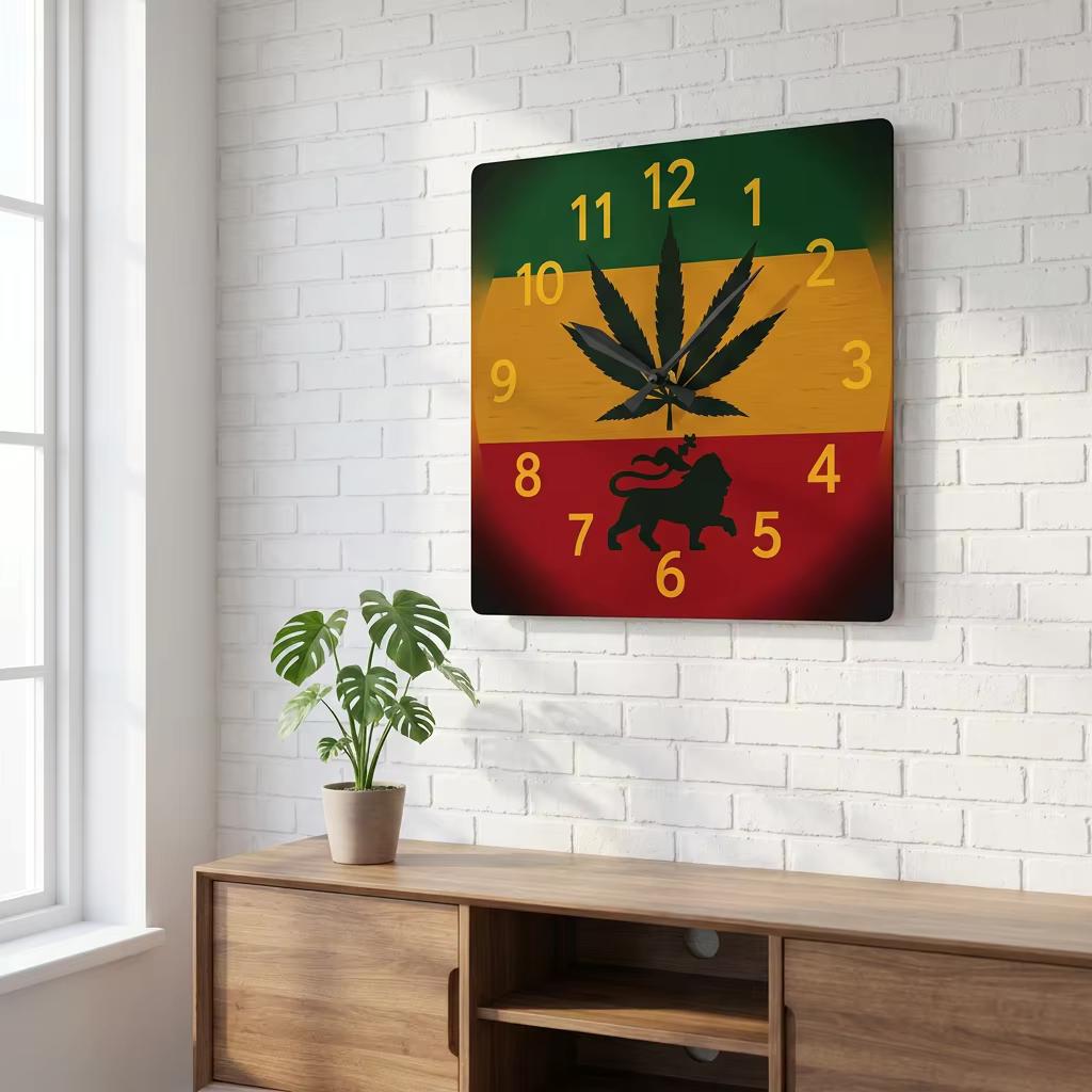 Jamaica Rasta Lion Acrylic Wall Clock. Reggae Music Decor, Square Acrylic Home Accent., product view 3