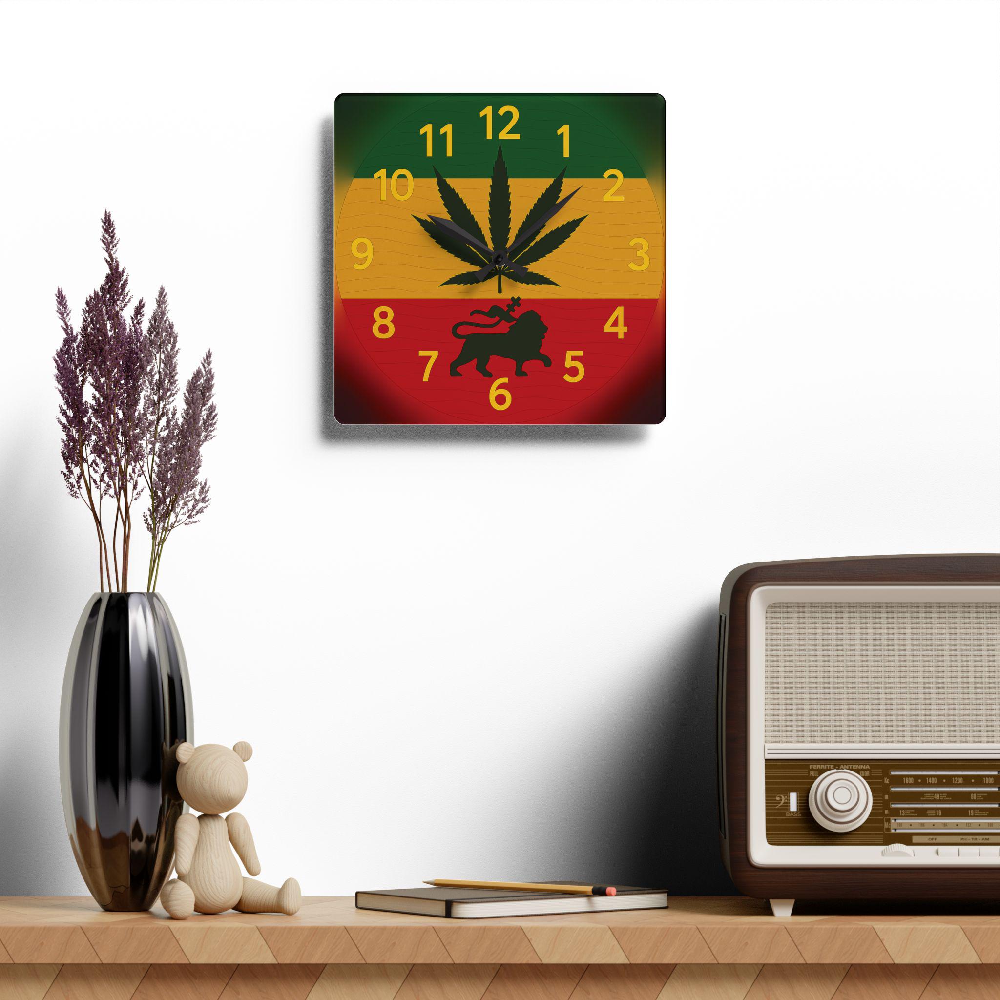 Jamaica Rasta Lion Acrylic Wall Clock. Reggae Music Decor, Square Acrylic Home Accent., product view 10