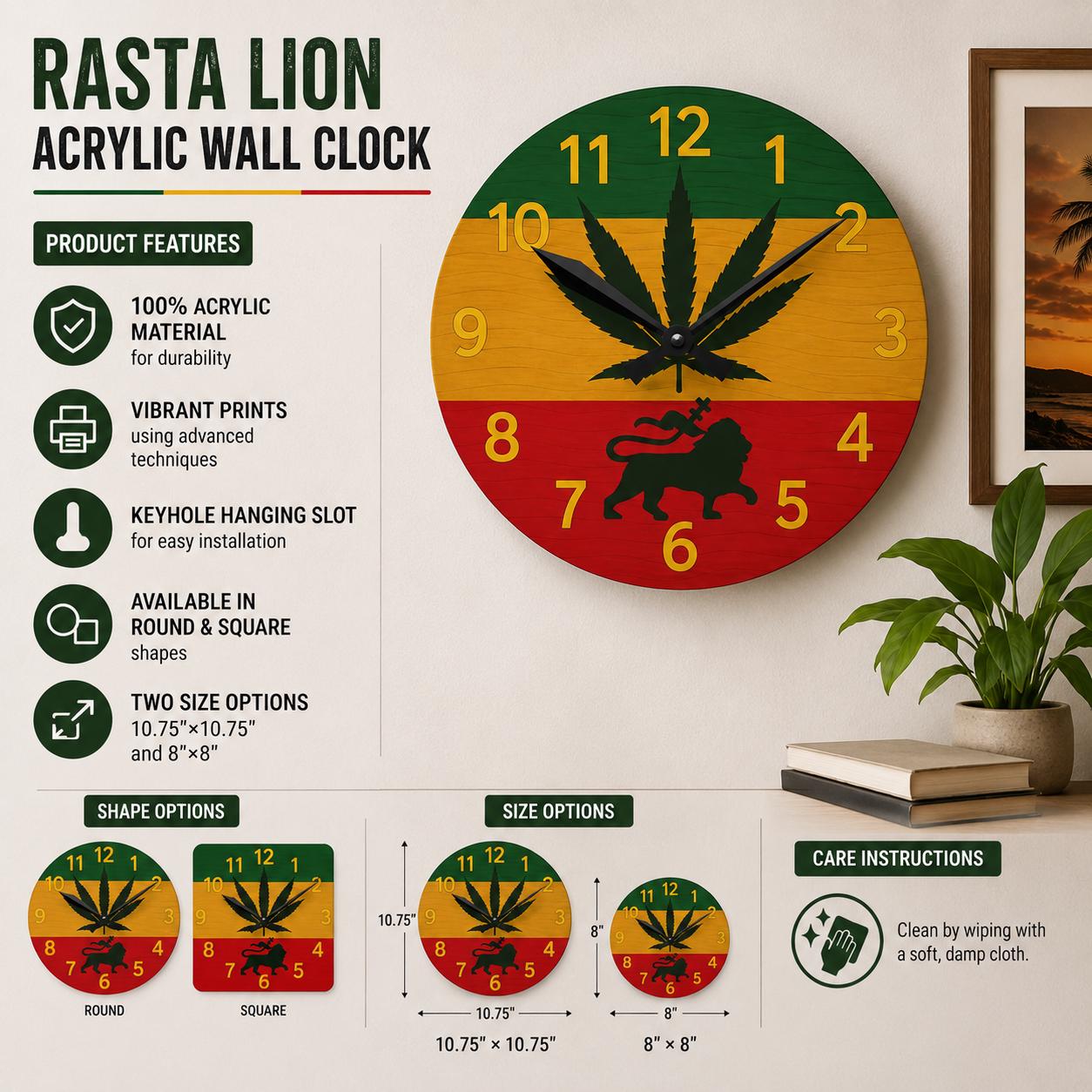Jamaica Rasta Lion Acrylic Wall Clock. Reggae Music Decor, Square Acrylic Home Accent., product view 17