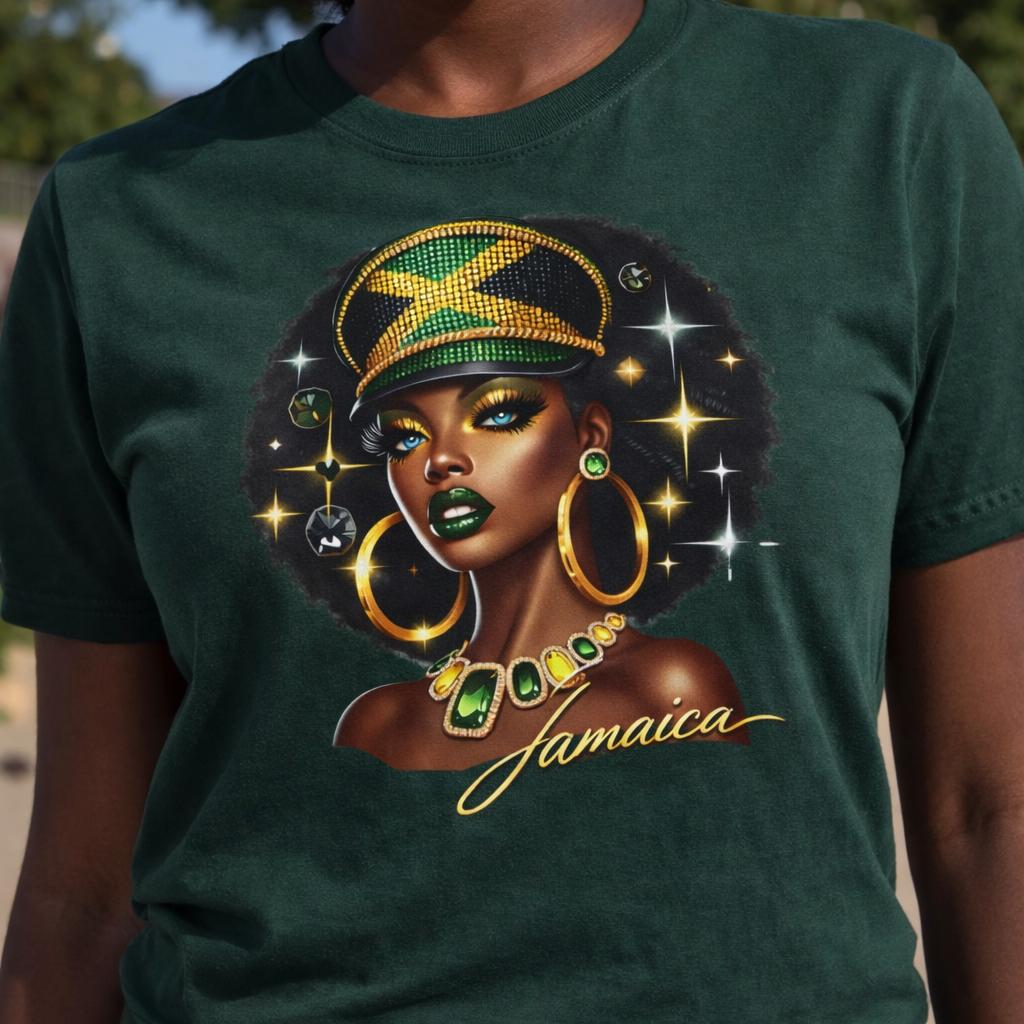 Jamaica Flag Hat Graphic Tee. Caribbean Vacation Woman Shirt' Gift for her, product view 4