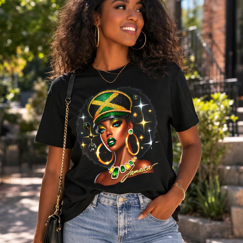 Jamaica Flag Hat Graphic Tee. Caribbean Vacation Woman Shirt' Gift for her, product view 7