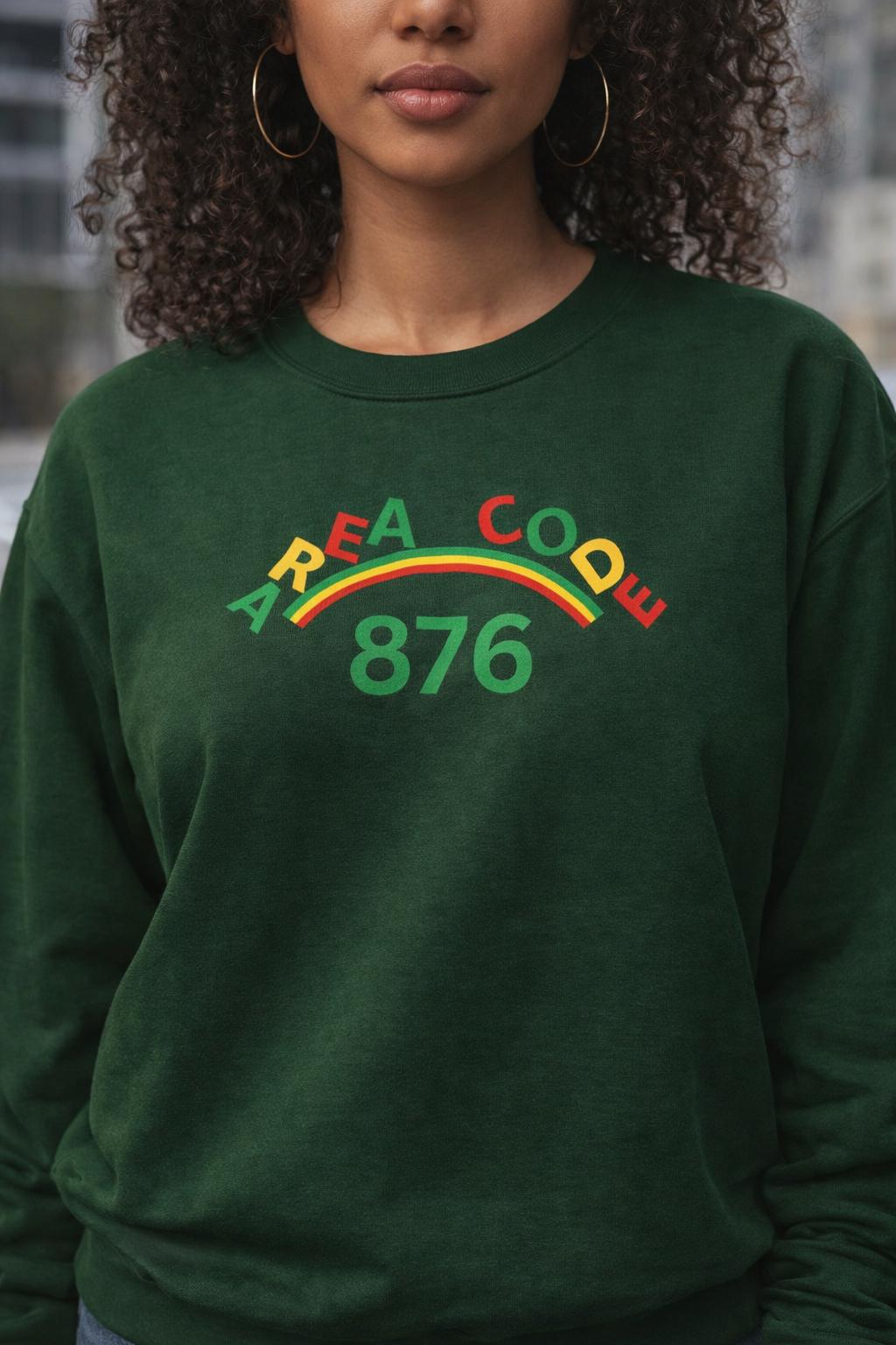 Area Code 876 Jamaica Pride Unisex Sweatshirt, Cotton Poly Pullover with Reggae Colors Graphic