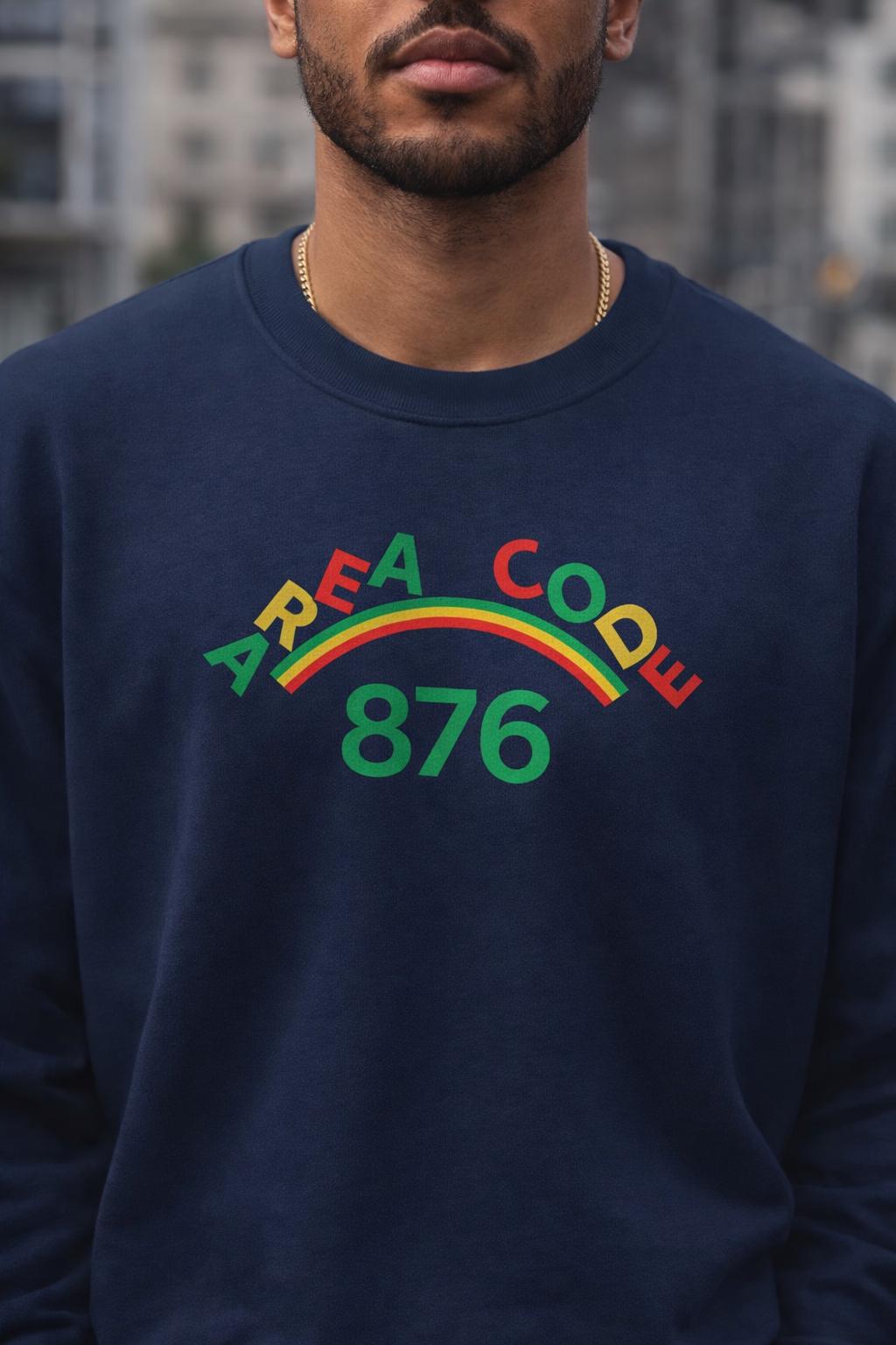 Area Code 876 Jamaica Pride Unisex Sweatshirt, Cotton Poly Pullover with Reggae Colors Graphic, product view 3