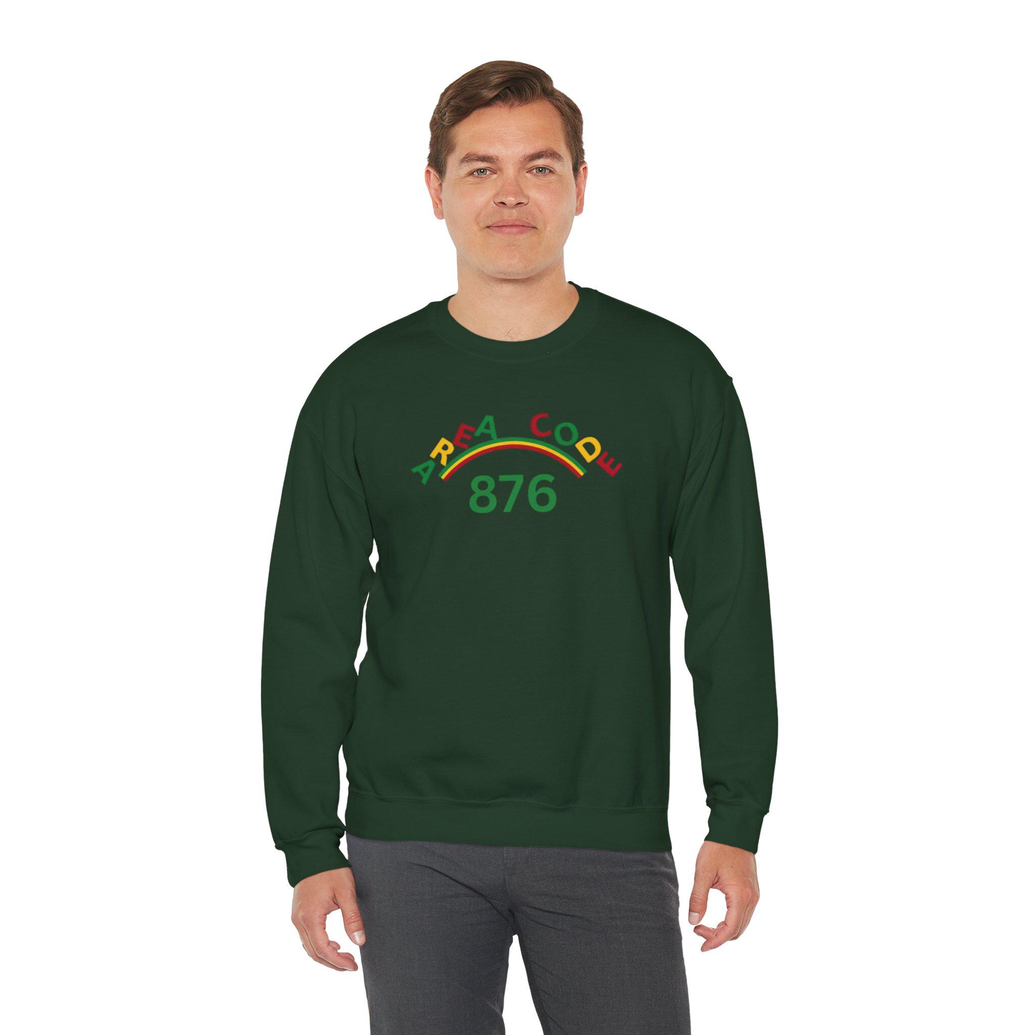 Area Code 876 Jamaica Pride Unisex Sweatshirt, Cotton Poly Pullover with Reggae Colors Graphic, product view 4