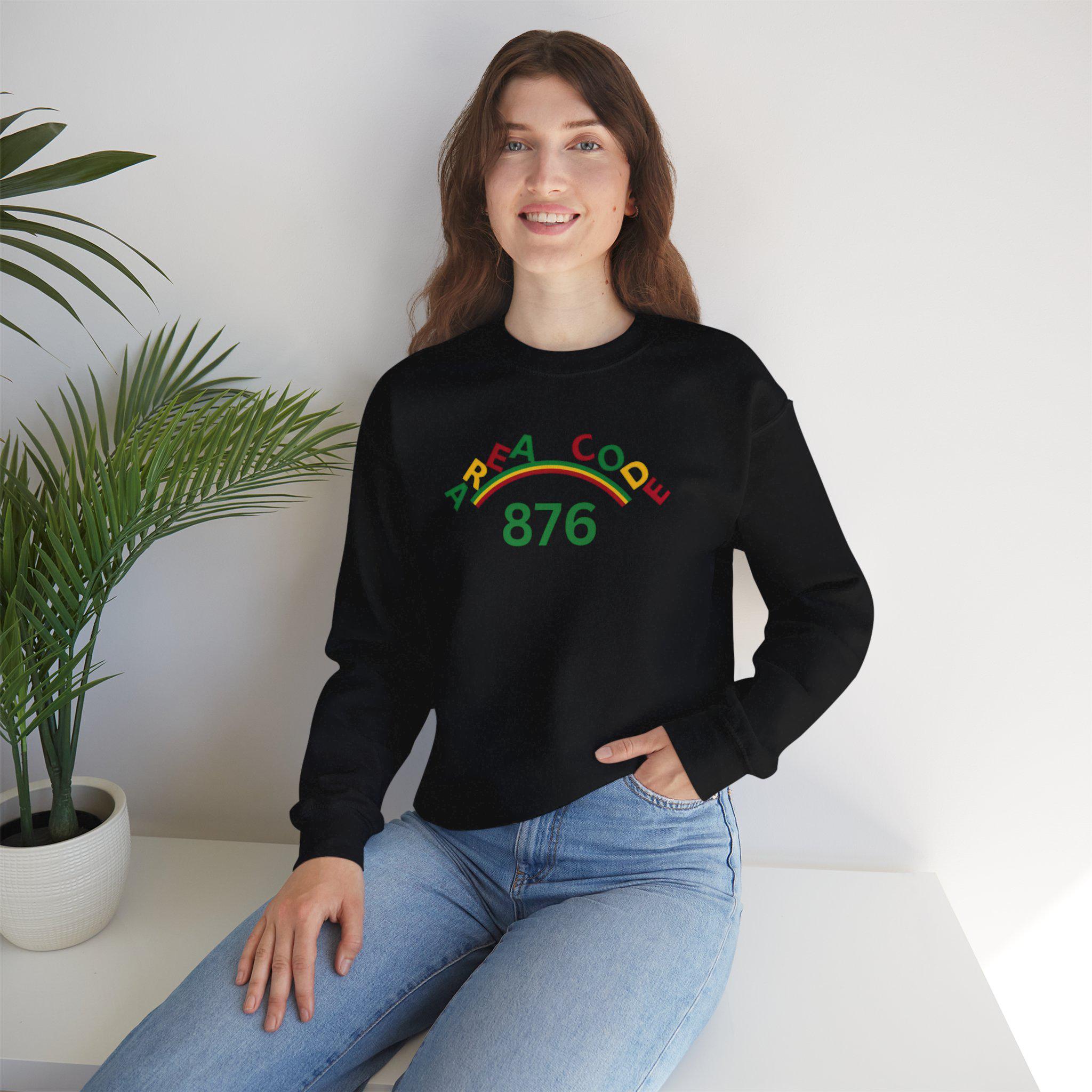 Area Code 876 Jamaica Pride Unisex Sweatshirt, Cotton Poly Pullover with Reggae Colors Graphic, product view 5