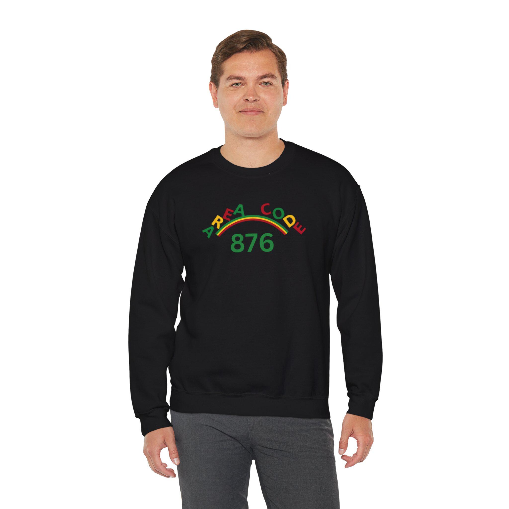 Area Code 876 Jamaica Pride Unisex Sweatshirt, Cotton Poly Pullover with Reggae Colors Graphic, product view 14
