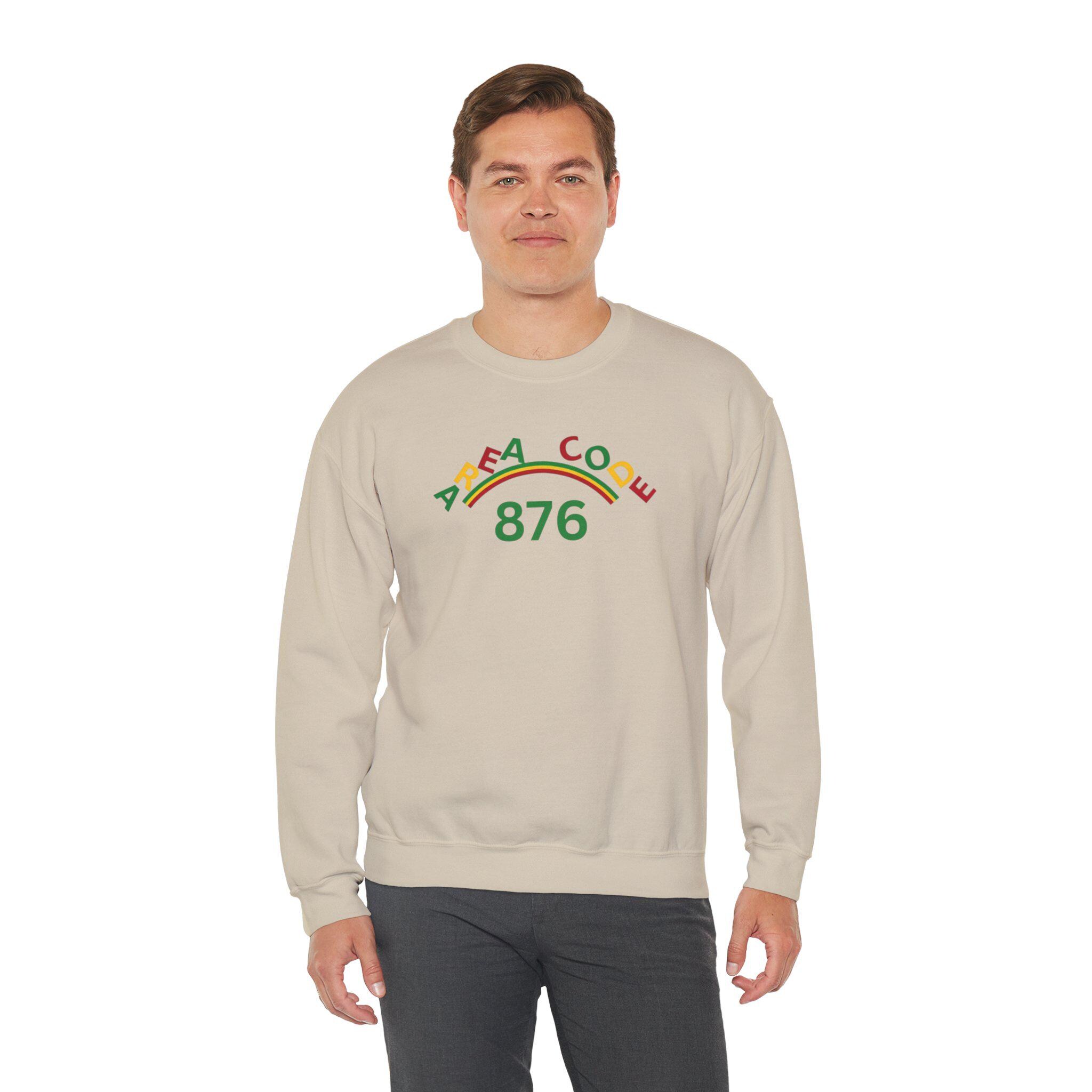 Area Code 876 Jamaica Pride Unisex Sweatshirt, Cotton Poly Pullover with Reggae Colors Graphic, product view 15
