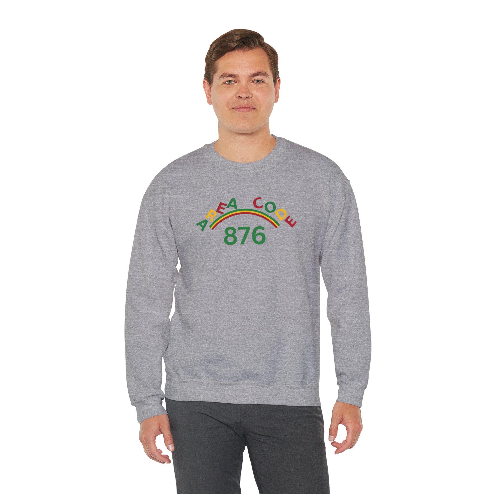 Area Code 876 Jamaica Pride Unisex Sweatshirt, Cotton Poly Pullover with Reggae Colors Graphic, product view 16