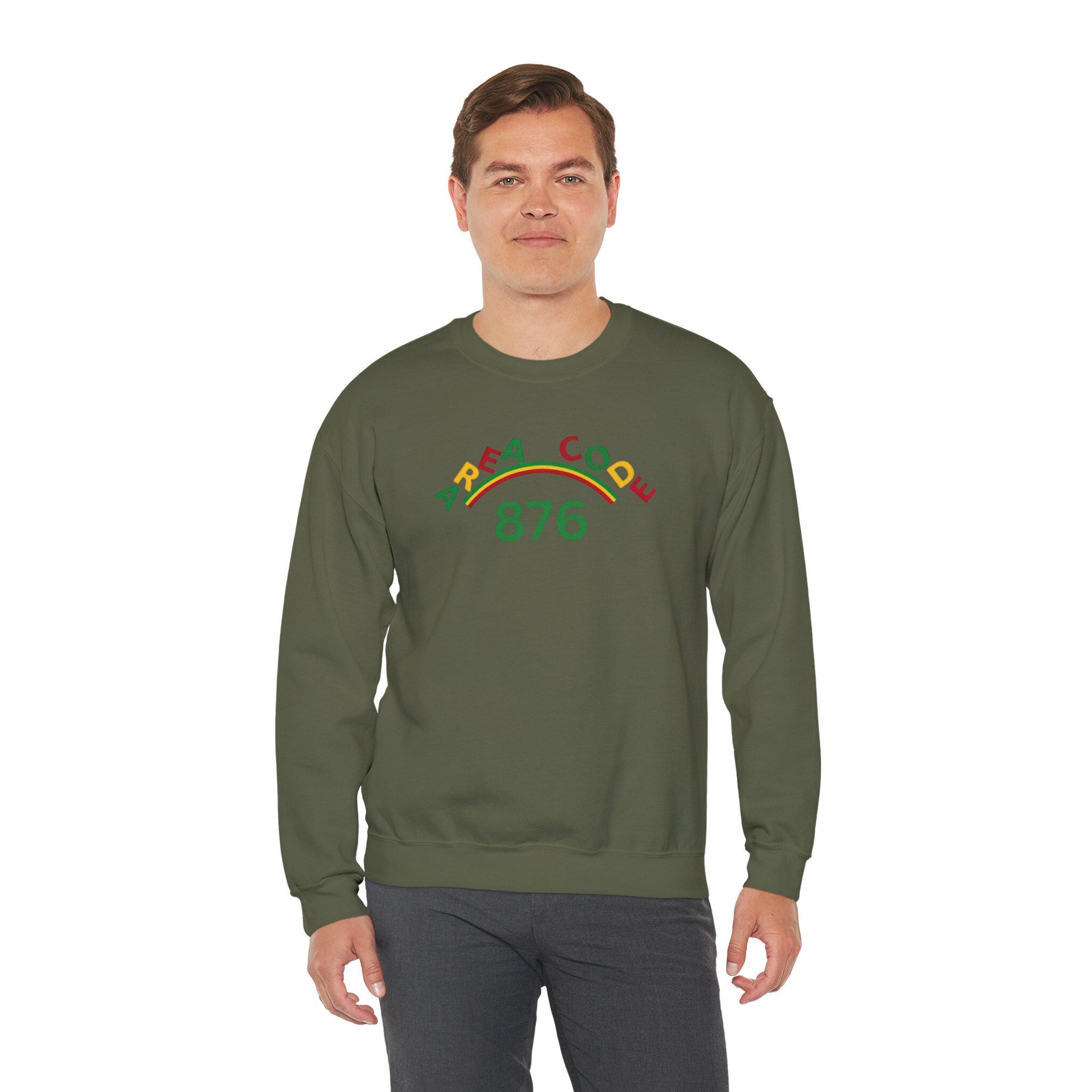 Area Code 876 Jamaica Pride Unisex Sweatshirt, Cotton Poly Pullover with Reggae Colors Graphic, product view 17