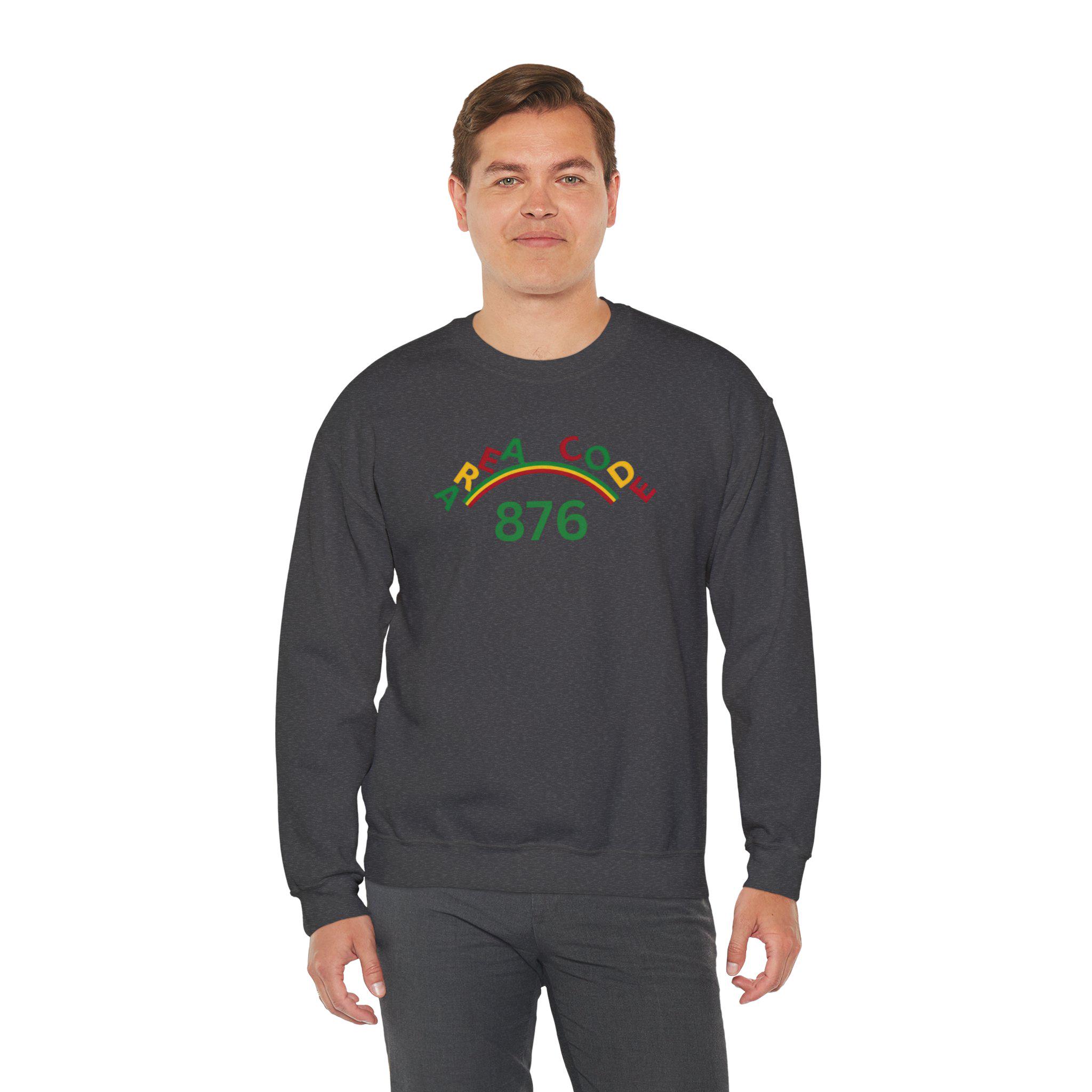 Area Code 876 Jamaica Pride Unisex Sweatshirt, Cotton Poly Pullover with Reggae Colors Graphic, product view 18