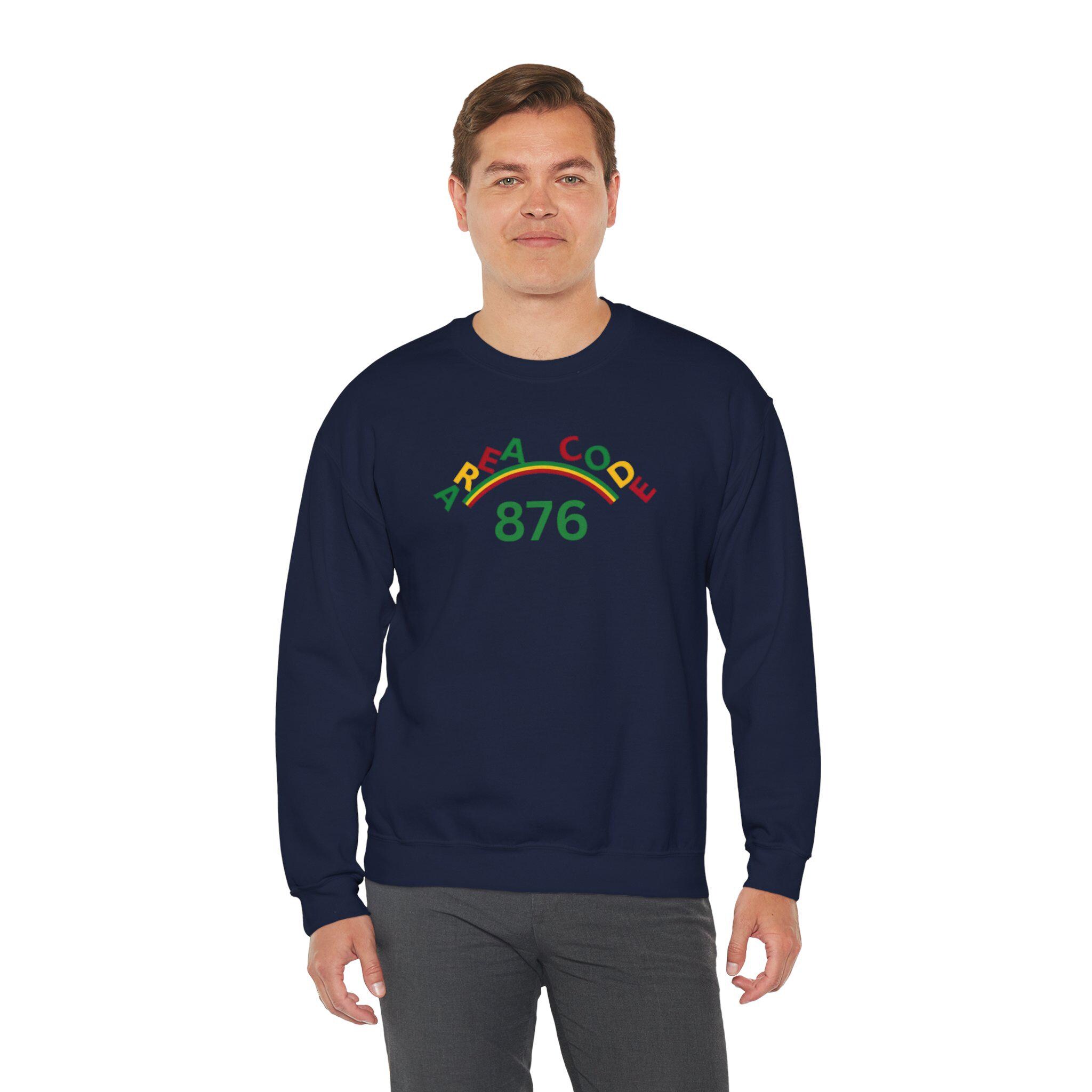 Area Code 876 Jamaica Pride Unisex Sweatshirt, Cotton Poly Pullover with Reggae Colors Graphic, product view 19