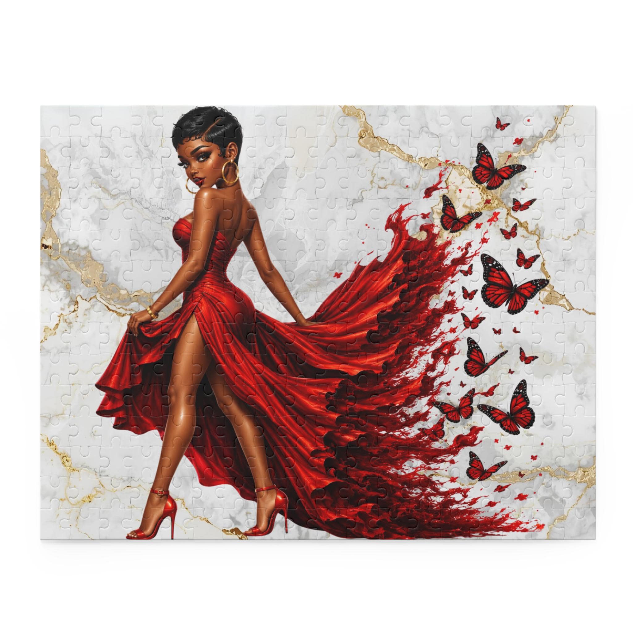 Elegant Black Woman Red Dress Jigsaw Puzzle: Monarch Butterflies, Marble Gold Backdrop (500 Piece)