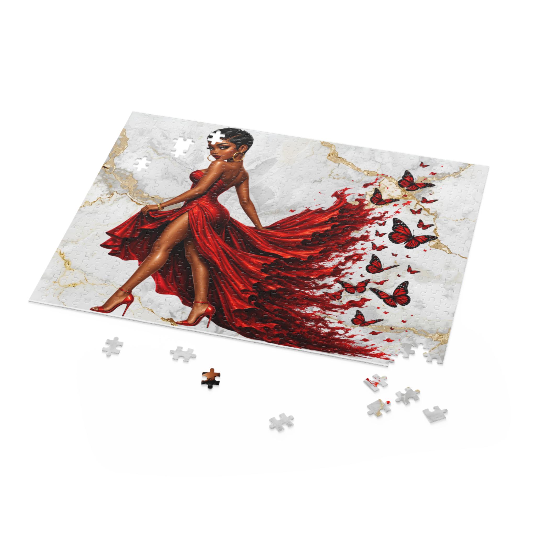 Elegant Black Woman Red Dress Jigsaw Puzzle: Monarch Butterflies, Marble Gold Backdrop (500 Piece), product view 2