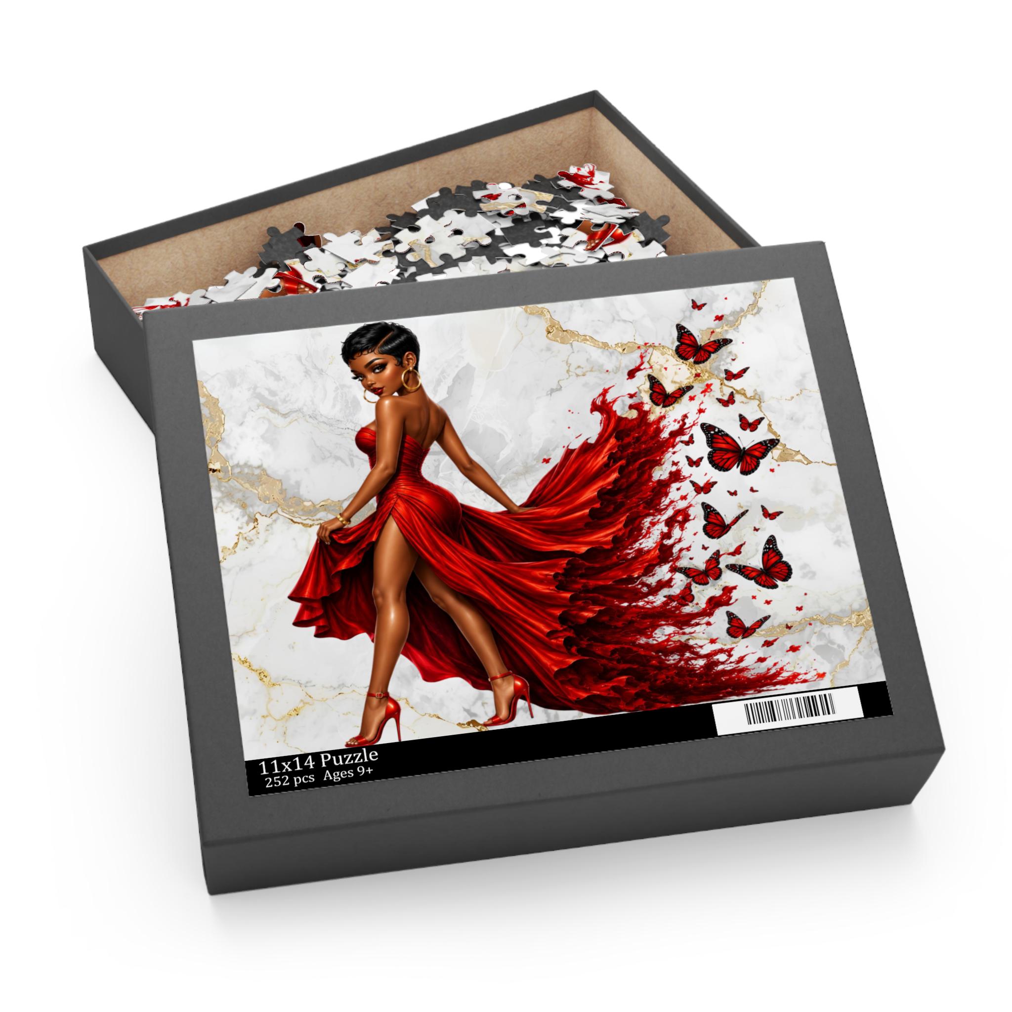 Elegant Black Woman Red Dress Jigsaw Puzzle: Monarch Butterflies, Marble Gold Backdrop (500 Piece), product view 3