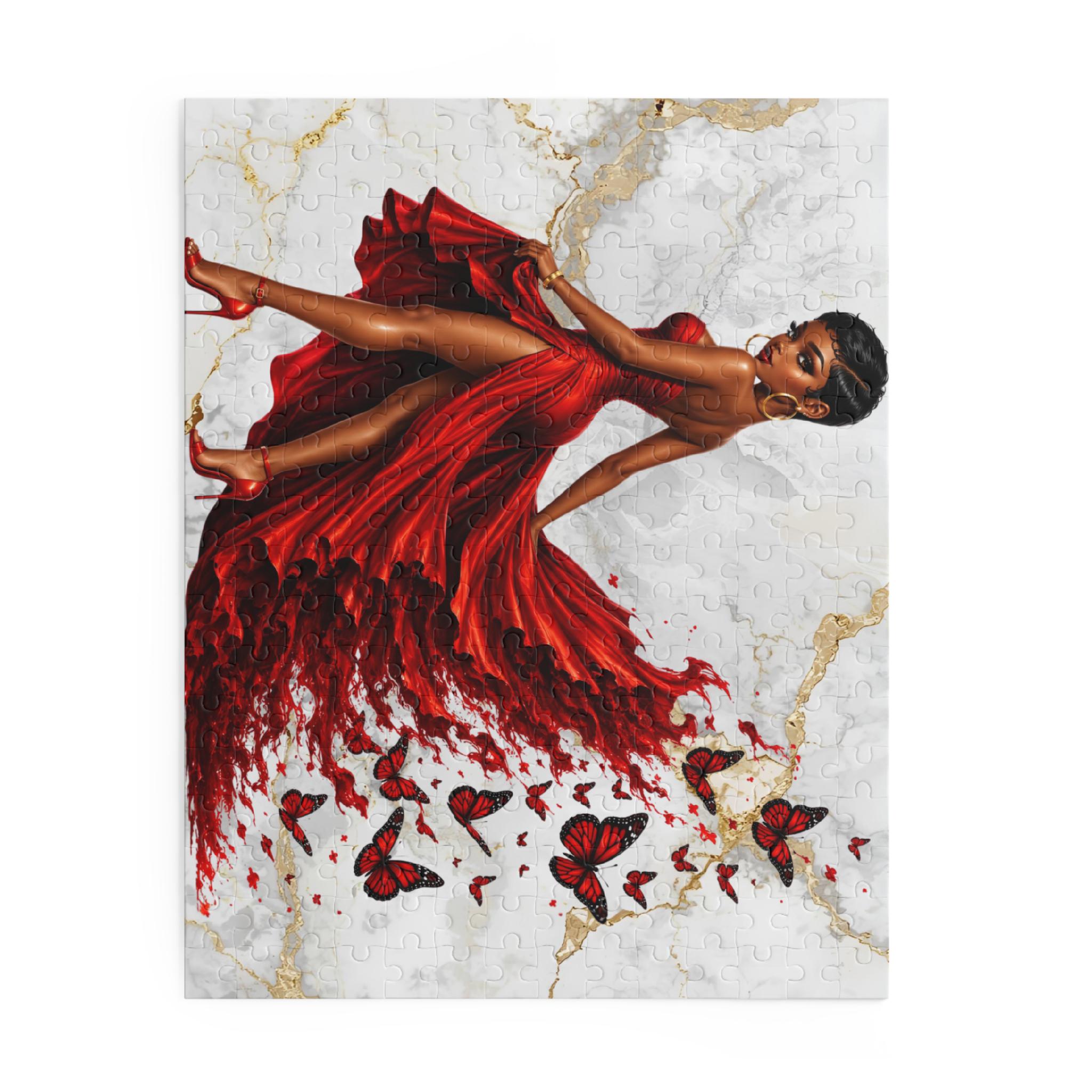 Elegant Black Woman Red Dress Jigsaw Puzzle: Monarch Butterflies, Marble Gold Backdrop (500 Piece), product view 4
