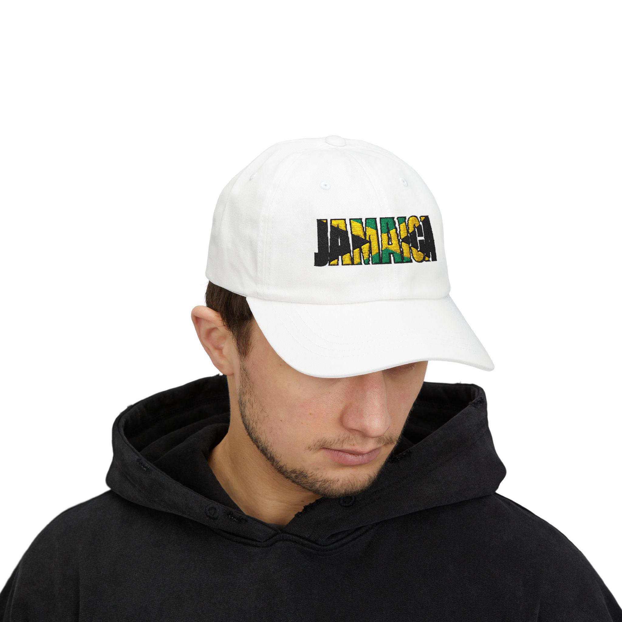Jamaica Flag Embroidered Baseball Dad Cap. Minimalist Beige Island Pride Hat, product view 6