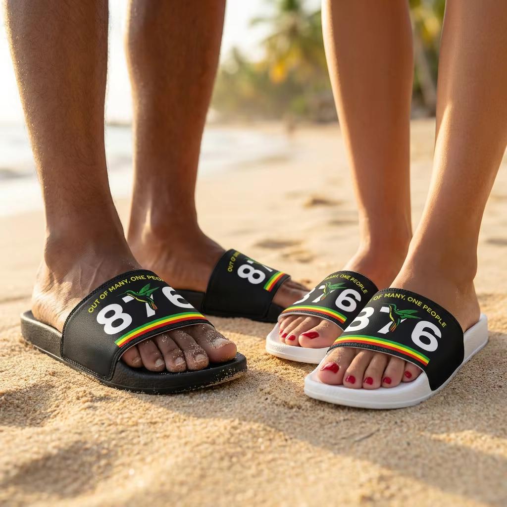 Jamaican Flag Slides, 876 Area Code Beach Pool Sandals, Removable Straps, product view 9