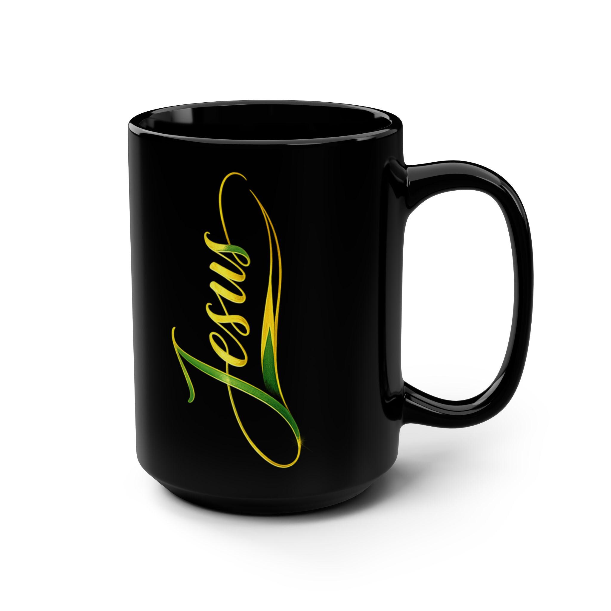 Jesus Christian Black Ceramic Coffee Mug Elegant Script Faith Religious Gift 15oz.