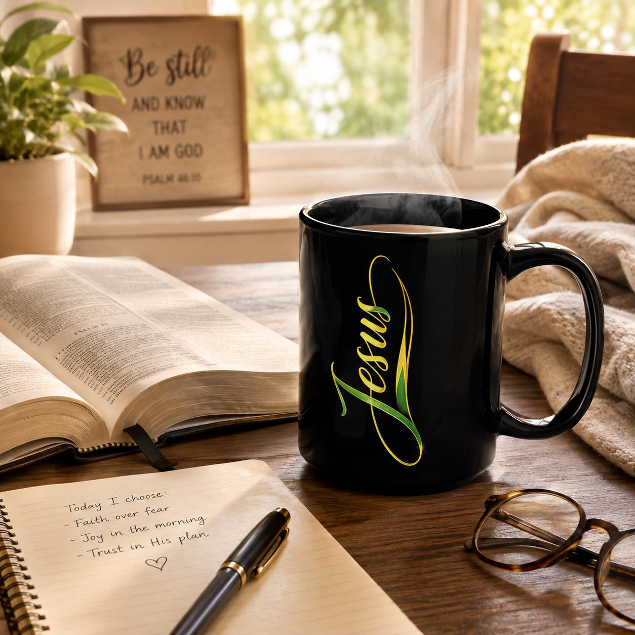 Jesus Christian Black Ceramic Coffee Mug Elegant Script Faith Religious Gift 15oz., product view 2