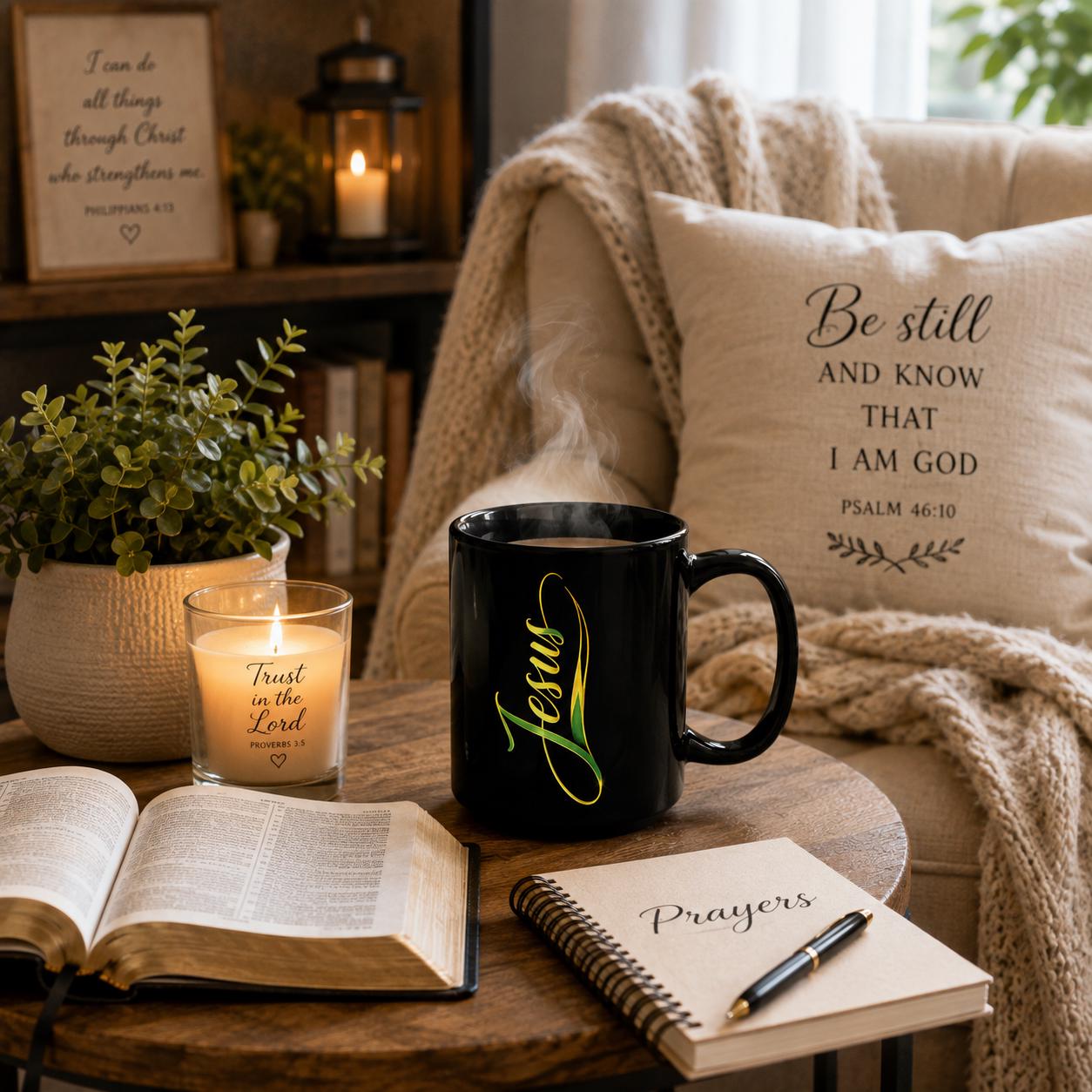 Jesus Christian Black Ceramic Coffee Mug Elegant Script Faith Religious Gift 15oz., product view 5