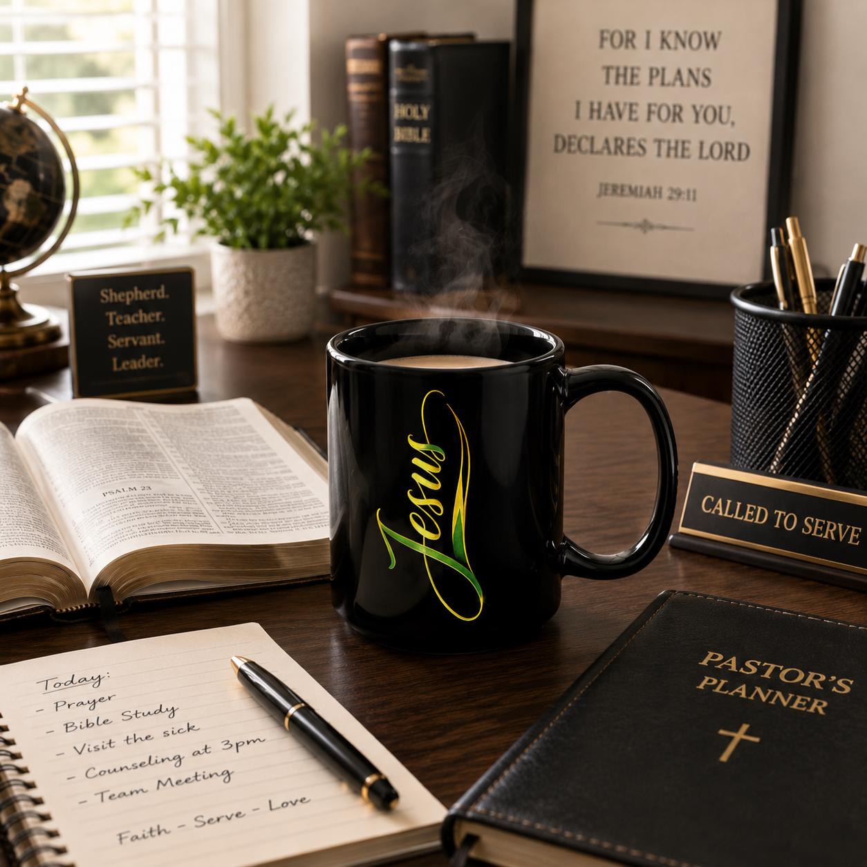 Jesus Christian Black Ceramic Coffee Mug Elegant Script Faith Religious Gift 15oz., product view 10