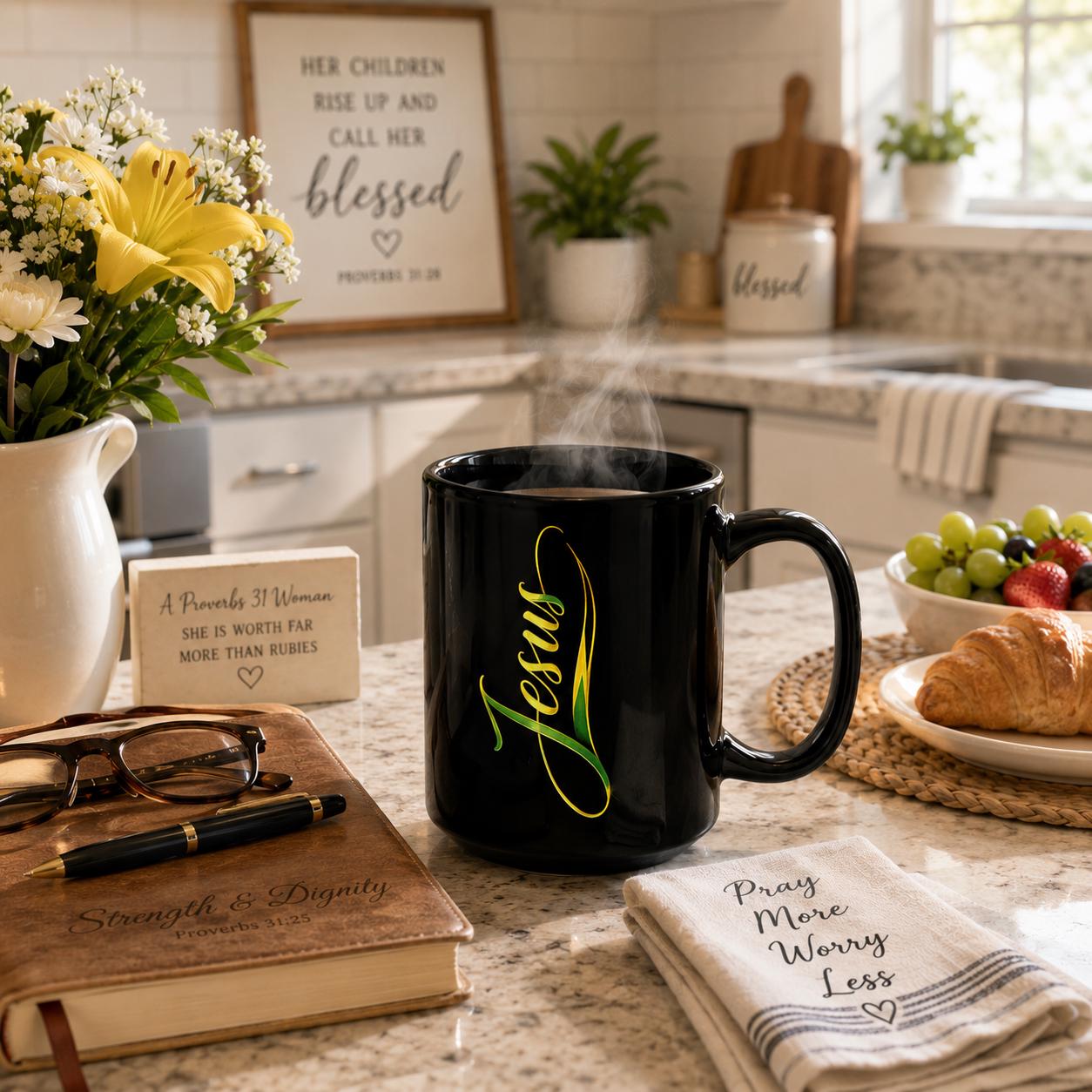 Jesus Christian Black Ceramic Coffee Mug Elegant Script Faith Religious Gift 15oz., product view 11