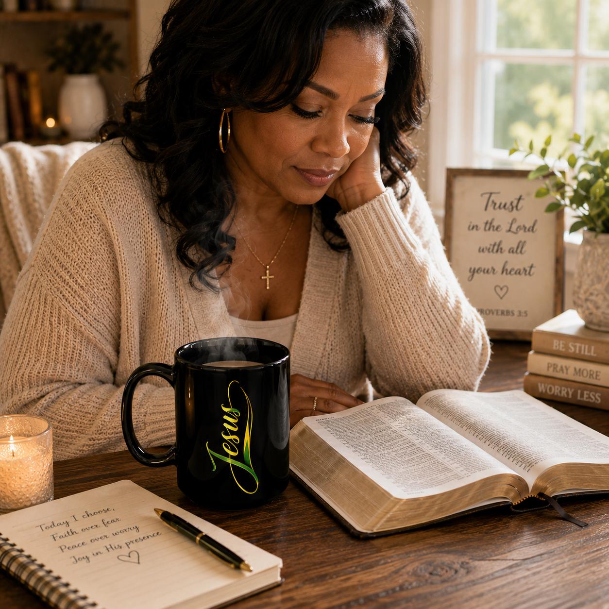 Jesus Christian Black Ceramic Coffee Mug Elegant Script Faith Religious Gift 15oz., product view 12