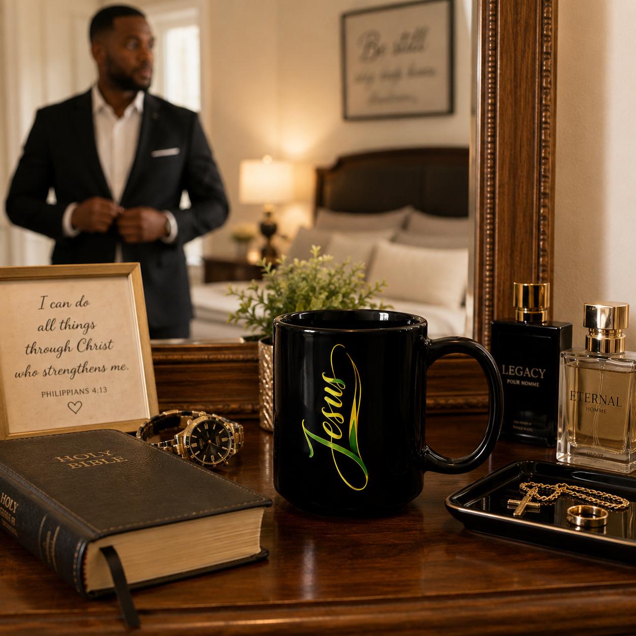 Jesus Christian Black Ceramic Coffee Mug Elegant Script Faith Religious Gift 15oz., product view 13