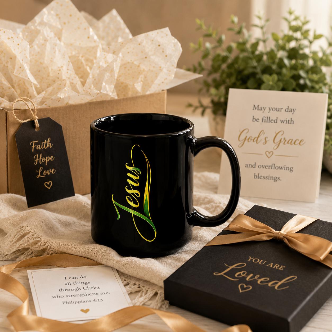 Jesus Christian Black Ceramic Coffee Mug Elegant Script Faith Religious Gift 15oz., product view 14
