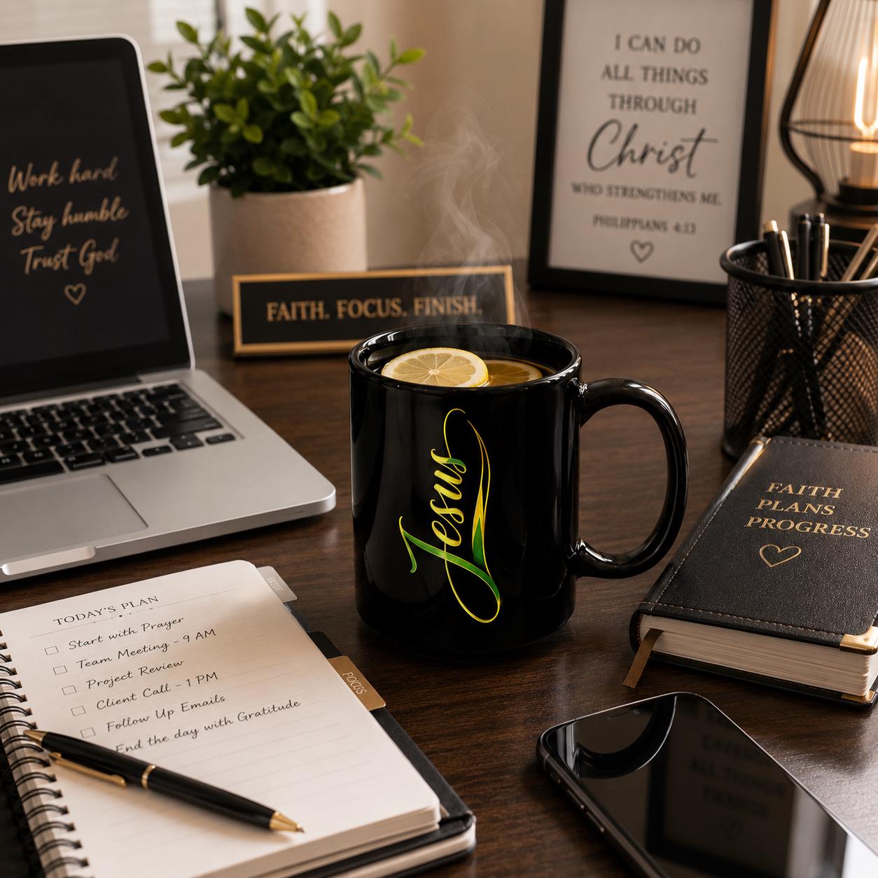Jesus Christian Black Ceramic Coffee Mug Elegant Script Faith Religious Gift 15oz., product view 15
