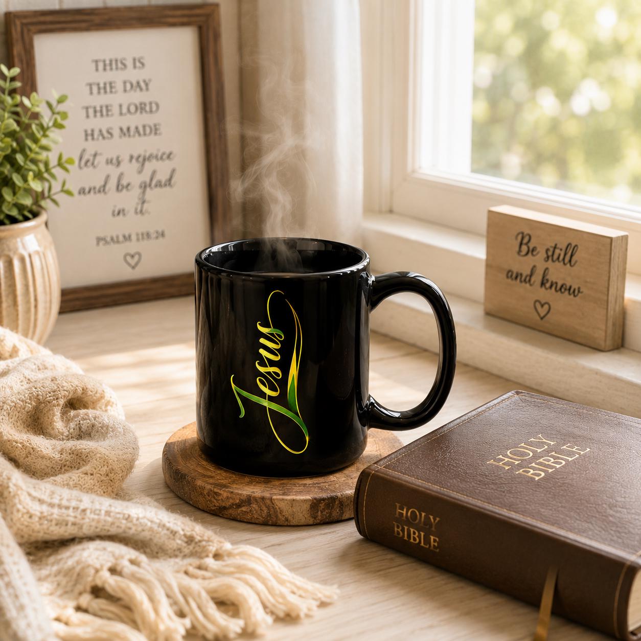 Jesus Christian Black Ceramic Coffee Mug Elegant Script Faith Religious Gift 15oz., product view 16
