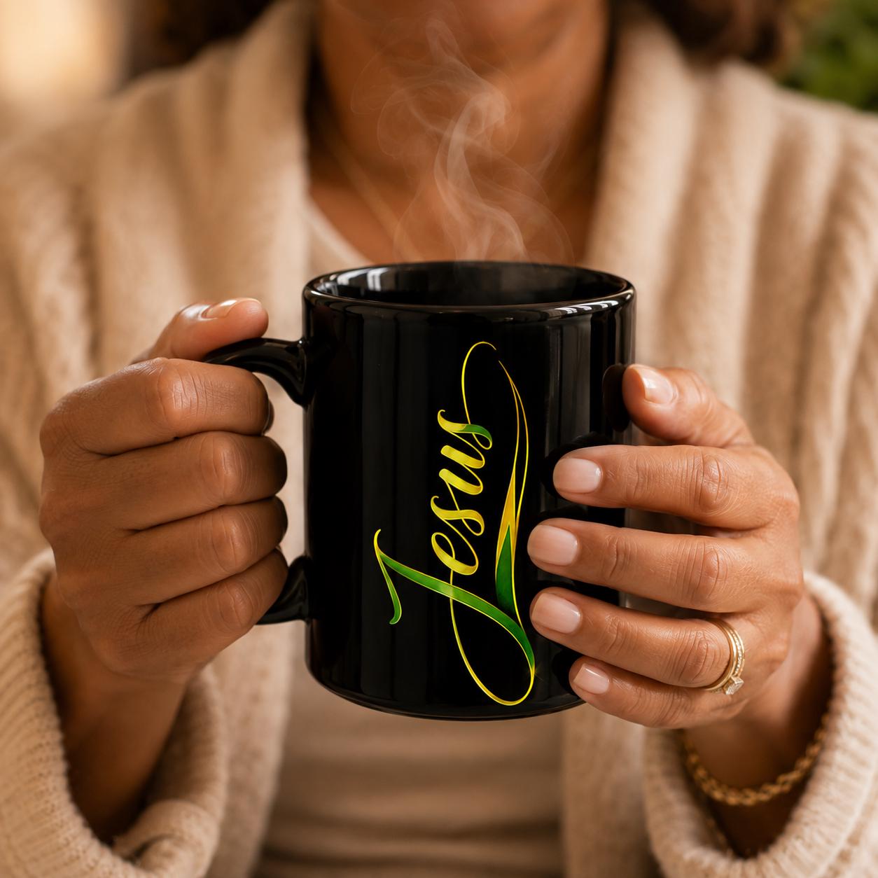Jesus Christian Black Ceramic Coffee Mug Elegant Script Faith Religious Gift 15oz., product view 17