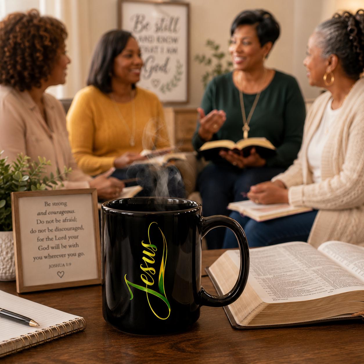 Jesus Christian Black Ceramic Coffee Mug Elegant Script Faith Religious Gift 15oz., product view 18
